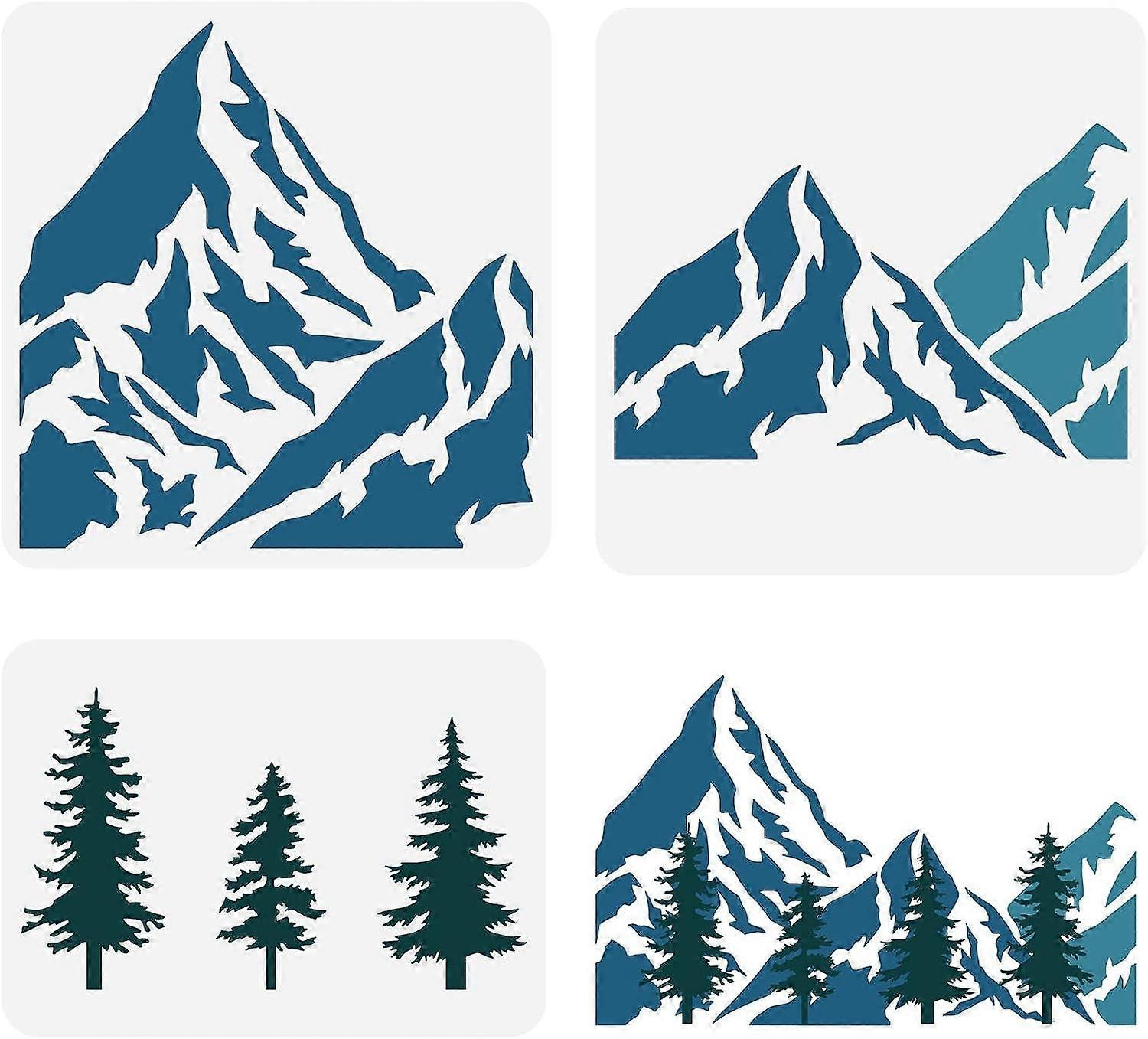 3PCS Mountain and Tree Stencil 3 Styles 2 Size Hollow Out Mountain Range Stencil Reusable Valley Stencil Pine Trees Craft Stencil for Wall Tiles Fabri