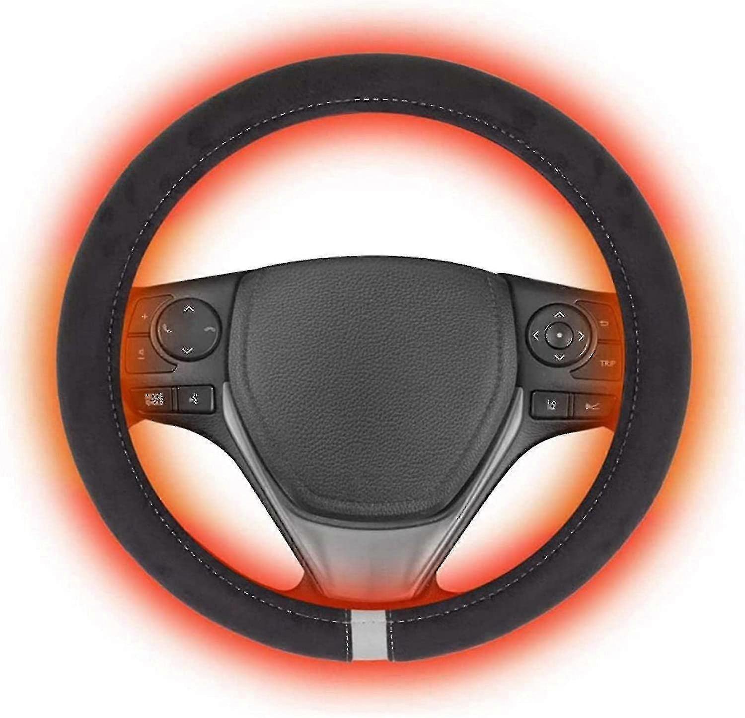 12V 15" Heated Steering Wheel Cover – Tangle-Free Cord, Universal Fit, Black, 90-Day Warranty