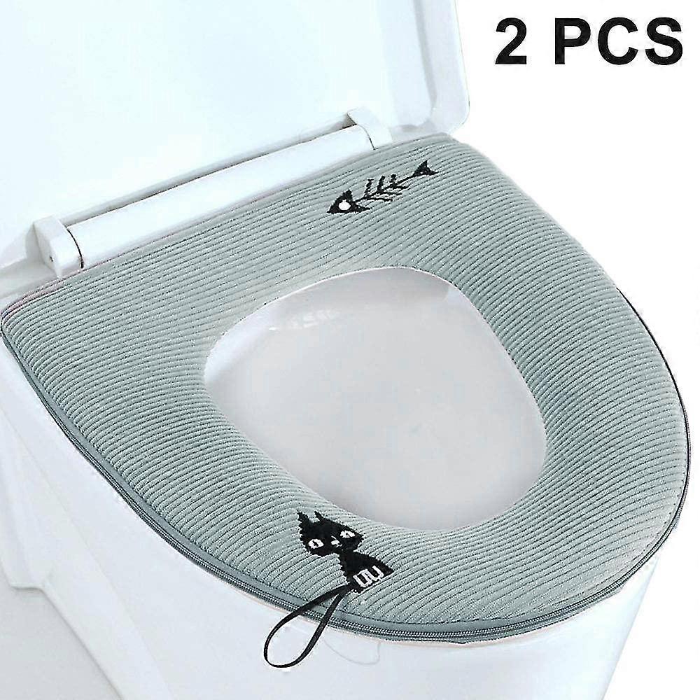 2pcs Toilet Seat Cover With Zipper, Washable Standard Toilet Lid Cover With Handle, Soft Thicken Warm Cover Pad Cushion For Bathroom