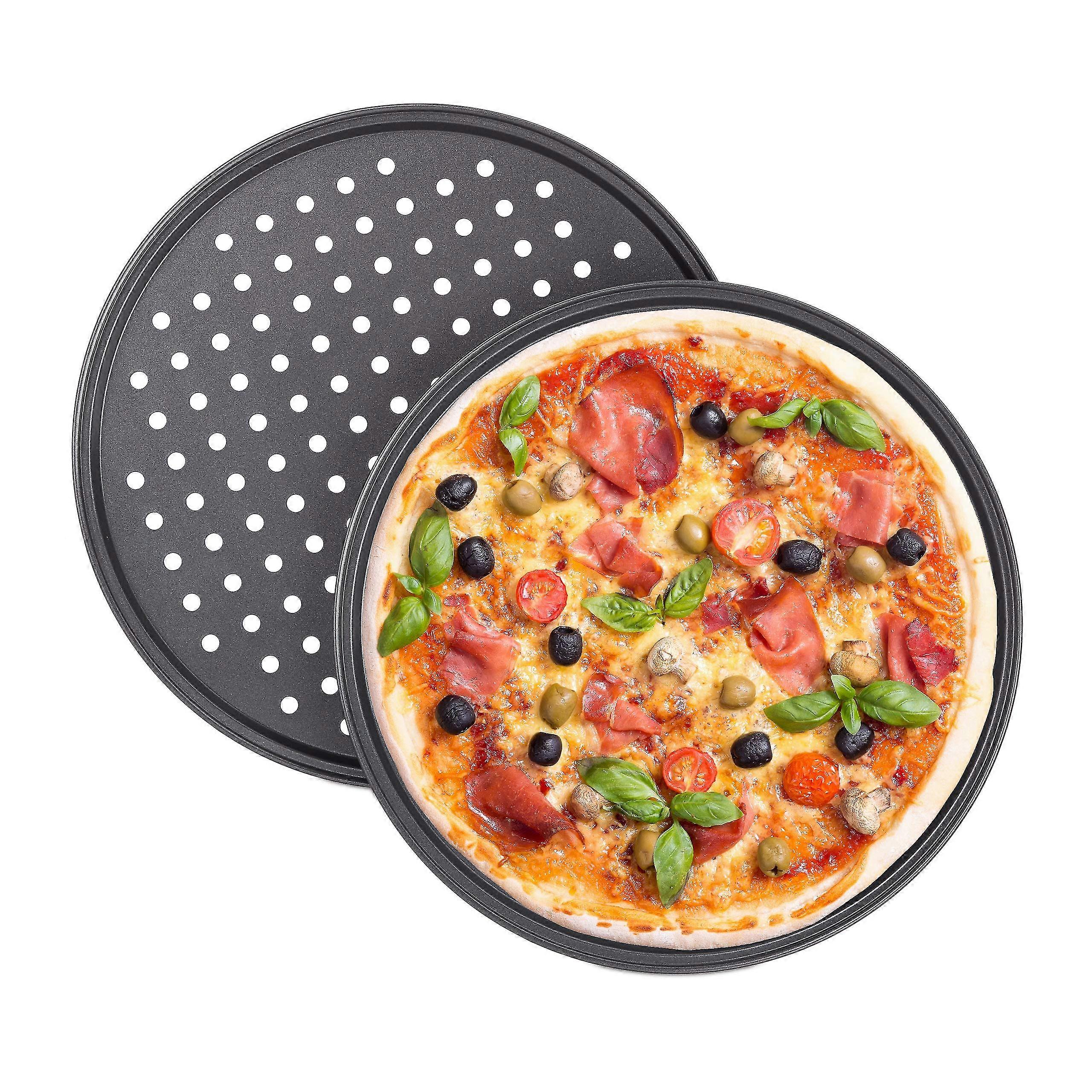 Pizzablech, 2er-Set, rund, perforiert, antihaftbeschichtet, Pizza & Flammkuchen, Kohlenstoffstahl, Knusperblech, 32 cm, grau