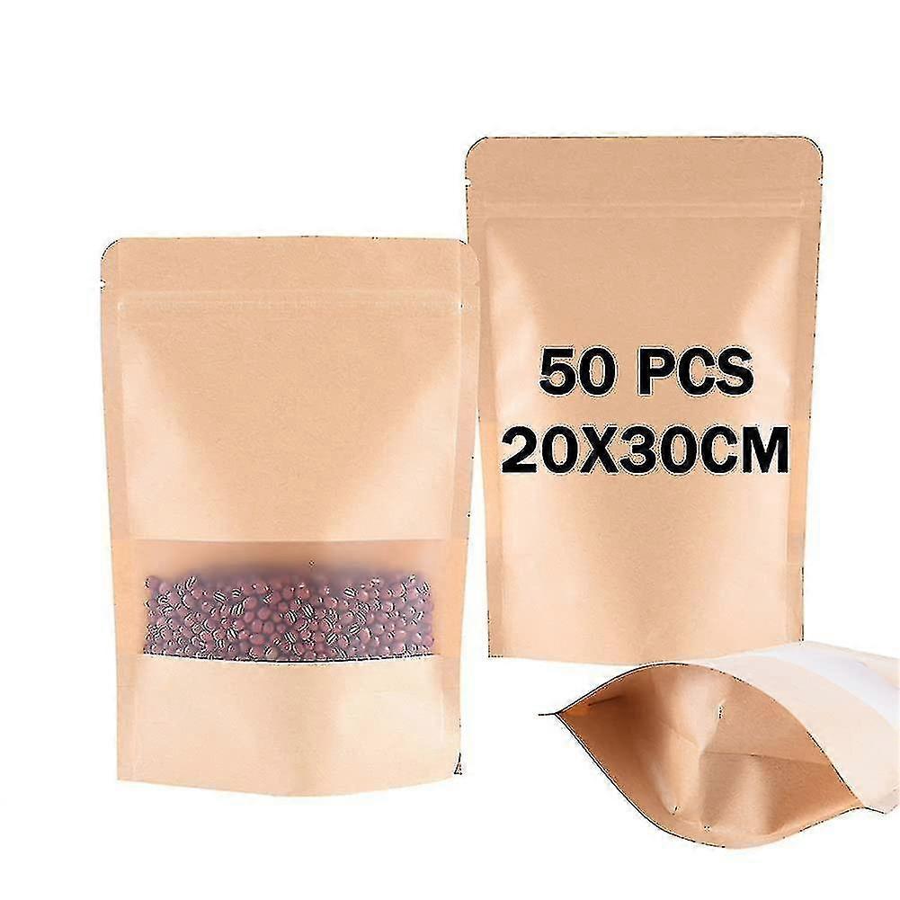 50pcs Kraft Paper Bag With Window, Waterproof And Moisture-proof, Reusable, Suitable For Dried Fruit Coffee Tea