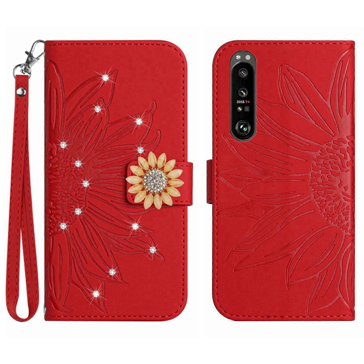 Compatible With Sony Xperia 1 V Embossed Sunflower with Diamonds Magnetic Card Holder Wallet Phone Case with Short Strap