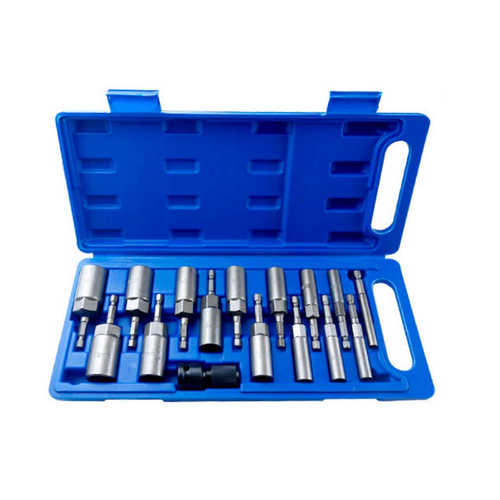 16Pcs Hex Shank Deepened Socket Wrench Nut Driver Power Screw Drill Bits Tools Set 5.5mm~19mm and Telescopic Bushing