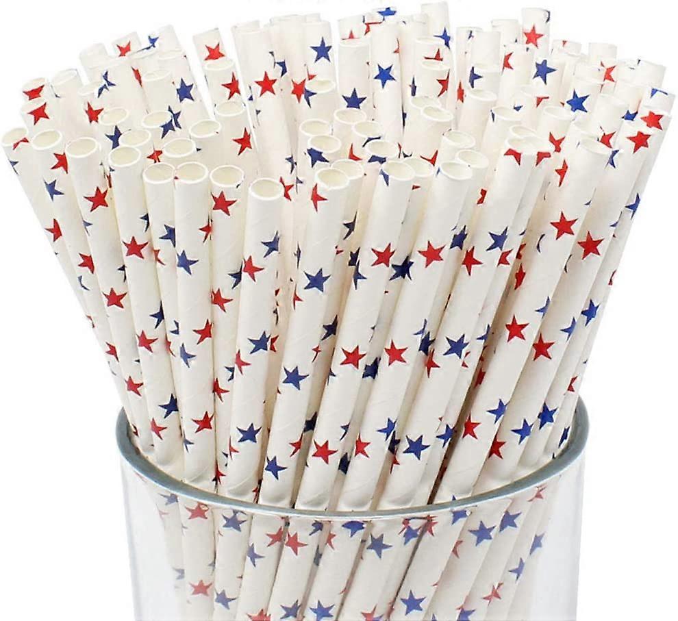Disposable Drinking Paper Straws (100pcs, Red/Blue Stars)