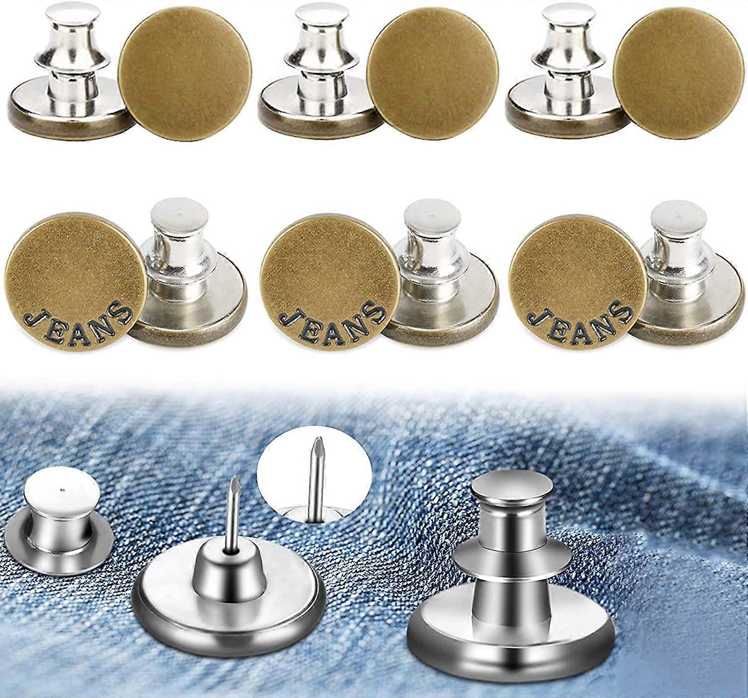 Pants Button Pins, 6 Sets Jean Button Pins, No Sew and No Tools Instant Adjustable Jean Button Pins