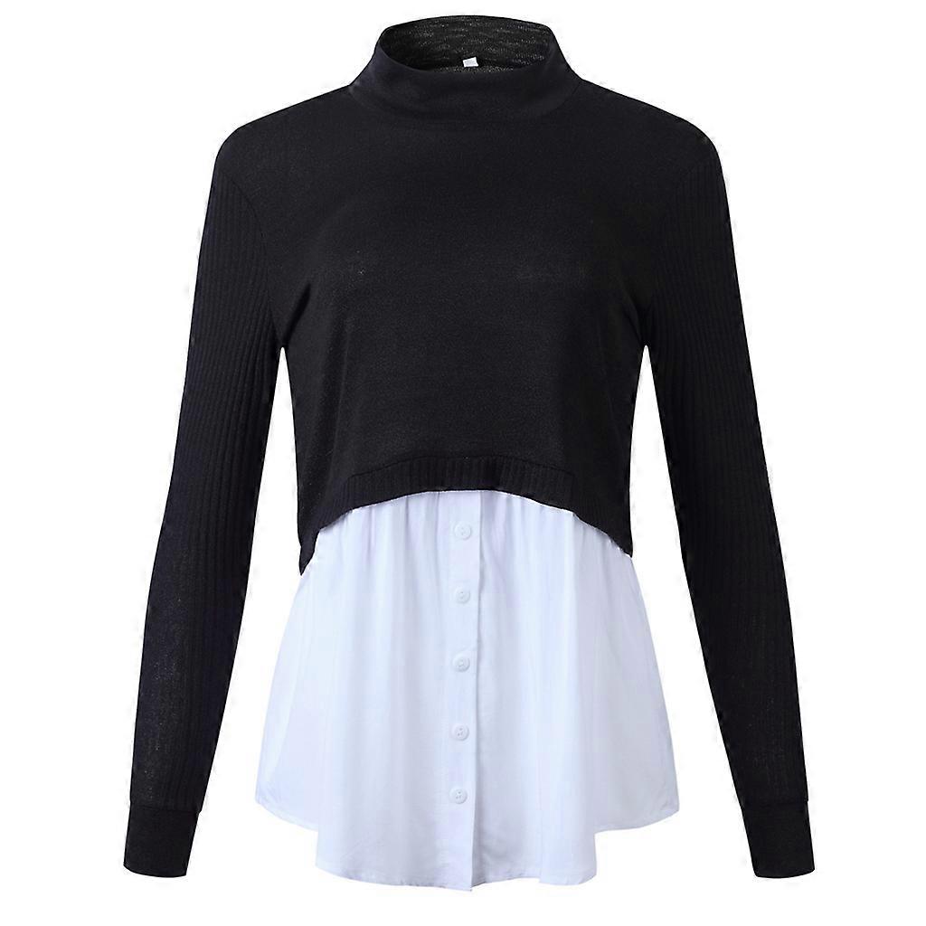 Womens Autumn In Patchwork Pullover Tops Ribbed Knitted Long