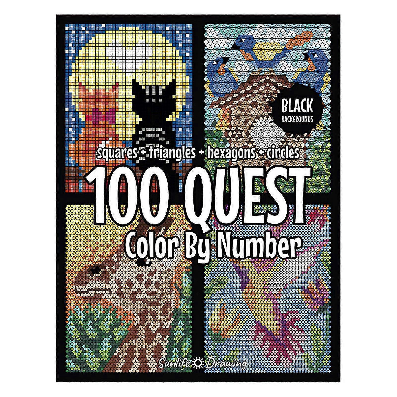 100-QUEST اللون حسب الأرقام كتب النشاط لغز التلوين كتب للبالغين الاسترخاء تخفيف التوتر