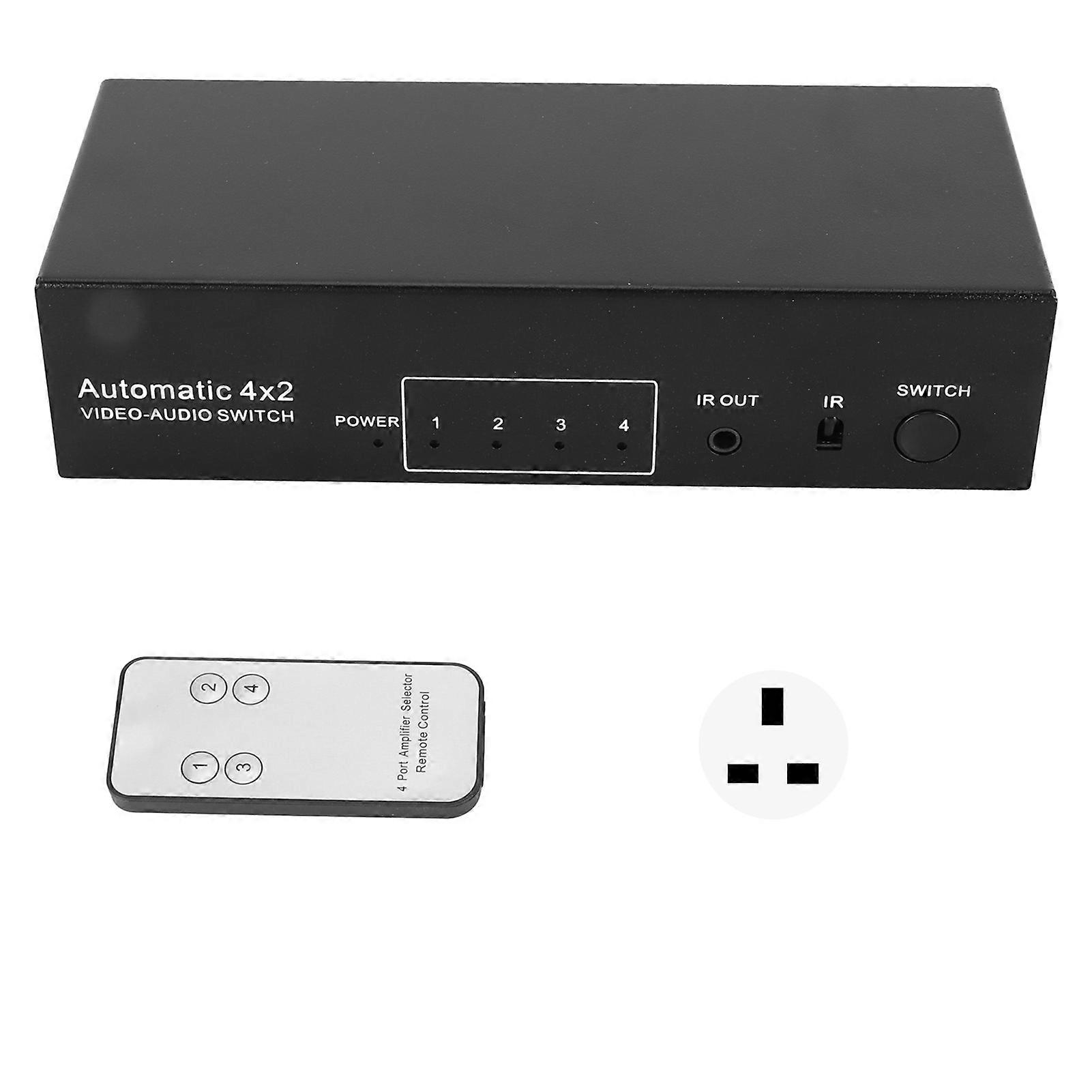 Stereo Selector Box: 4 wejścia, 2 wyjścia dla systemów AV, adapter brytyjski 100-240 V
