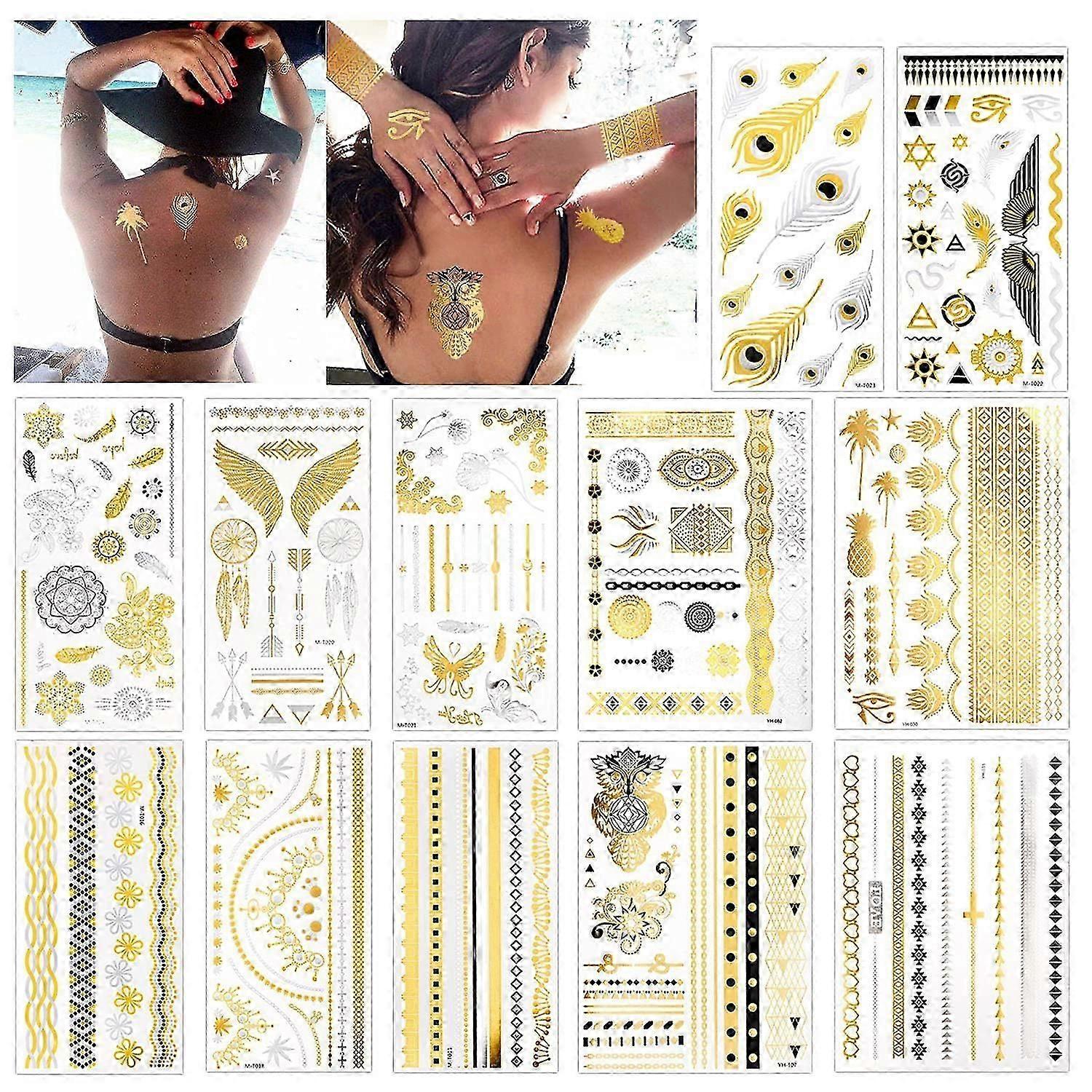 12 ورقة معدنية مؤقتة الوشم ، 150+ تصاميم لامعة أسود فضي ذهبي مؤقت وشم مجوهرات وشم فلاش