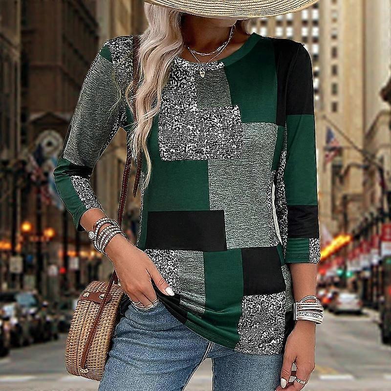 Dame Høsttopper Grønn Mosaic Block Print Casual Langermet T-skjorte Toppbluse