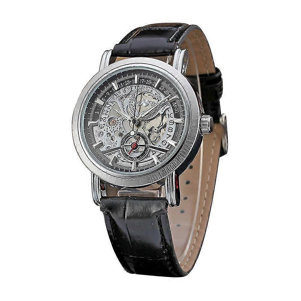 Winner Hollow-out Automatic Mechanical Pu Leather Strap Wristwatch (black+black)