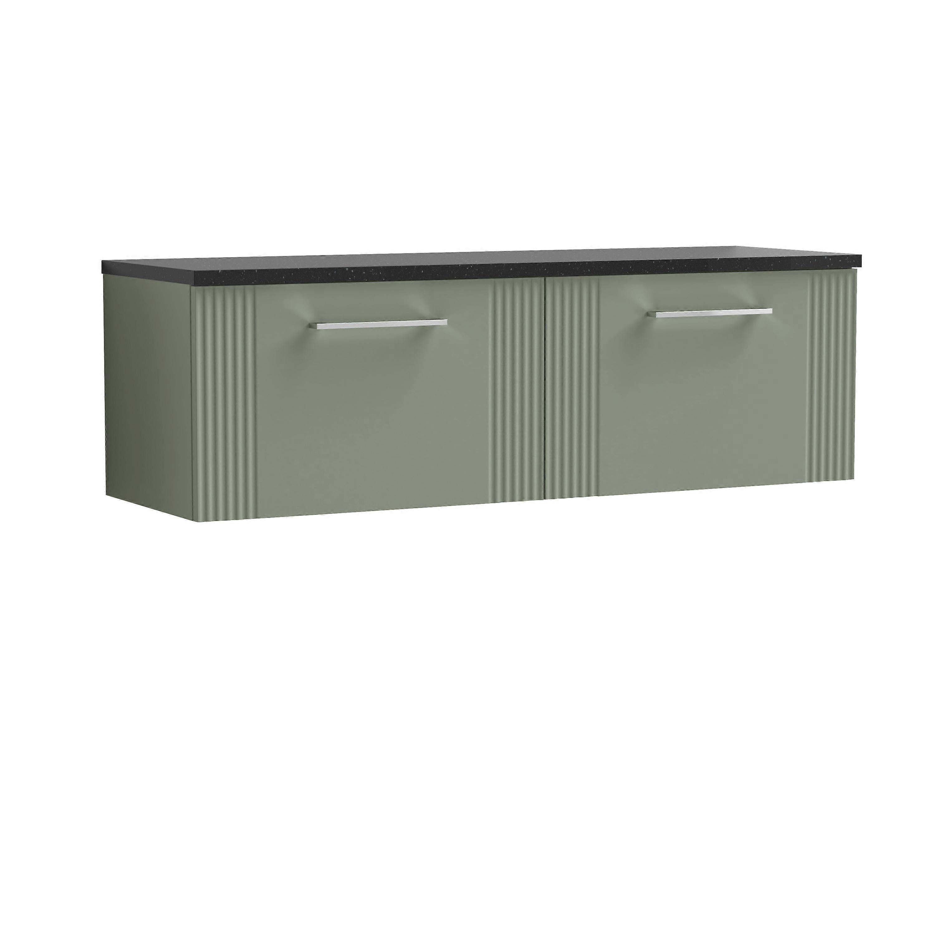 Partial Fluted 2 Drawer Wall Hung Vanity Unit with Sparkling Black Laminate Worktop - 1200mm - Satin Green