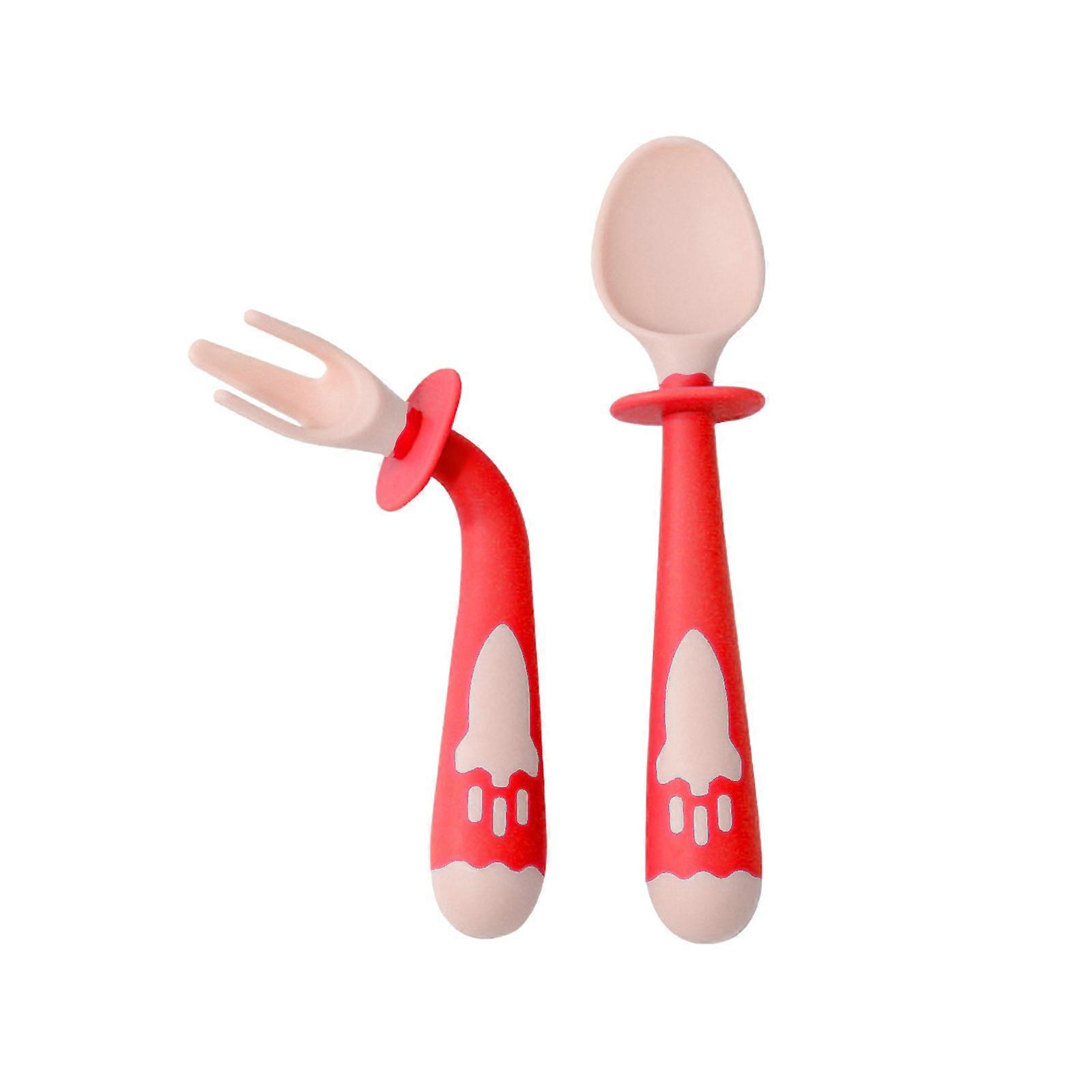 2Pc Silicone Spoon Fork Set Baby Utensils Bendable Soft Infant Tableware Self-Feeding Training Flatware for Kid Children Red