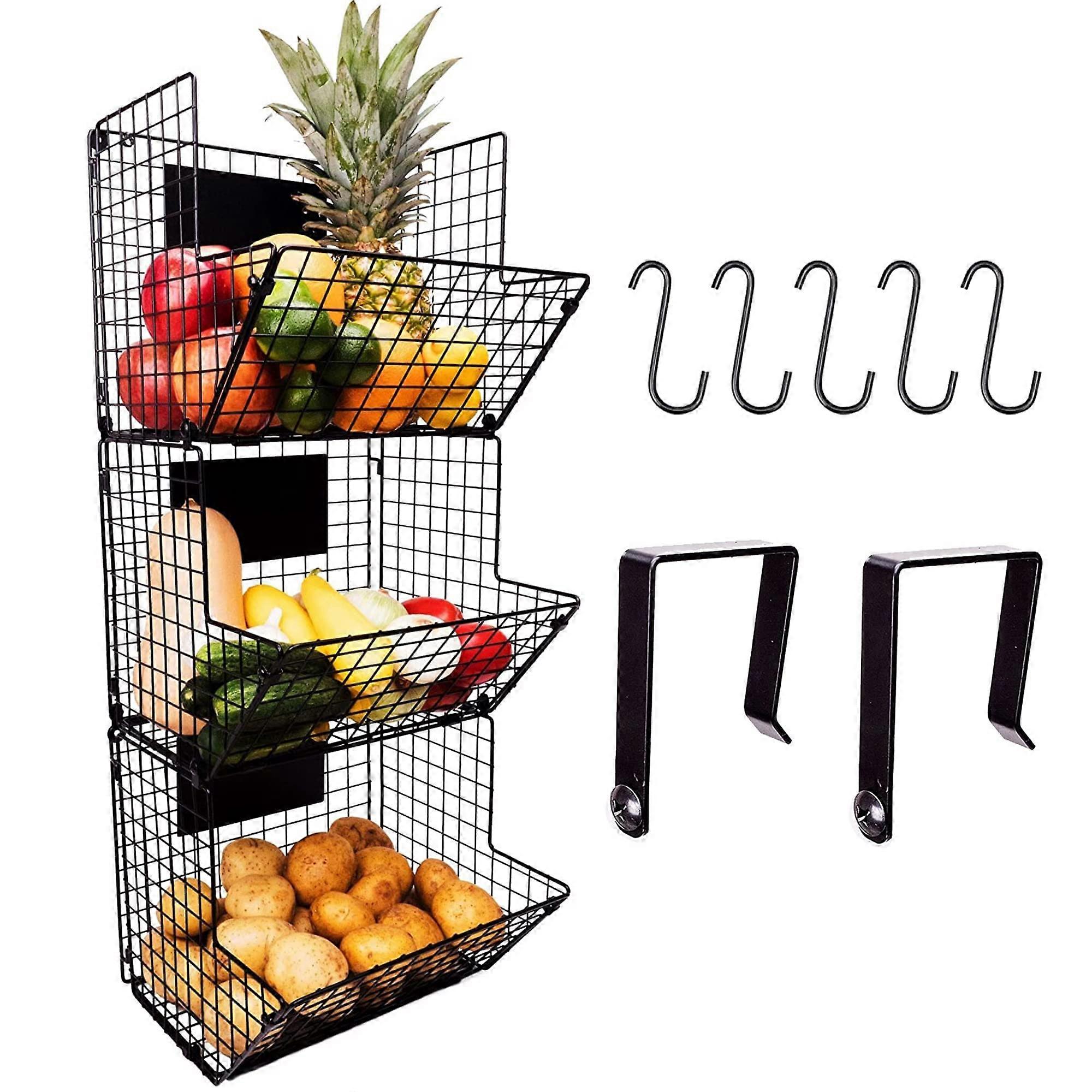 Hanging Basket for Kitchen Wall Storage 3-Tier Metal Organizer Rack with Hooks and Rustic Design