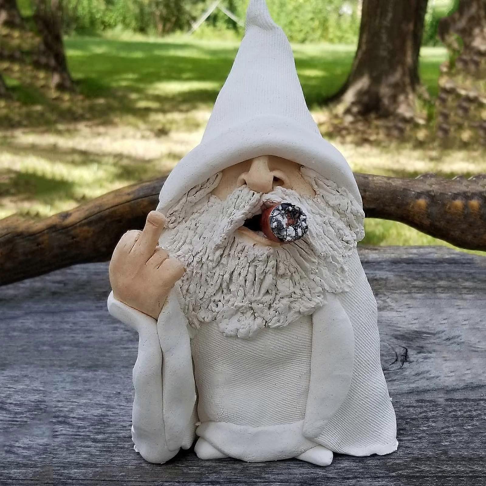 Funny Garden Dwarf Statue - 8.27 Inch Middle Finger Wizard with Cigarette - Naughty Resin Dwarf Decor for Yard