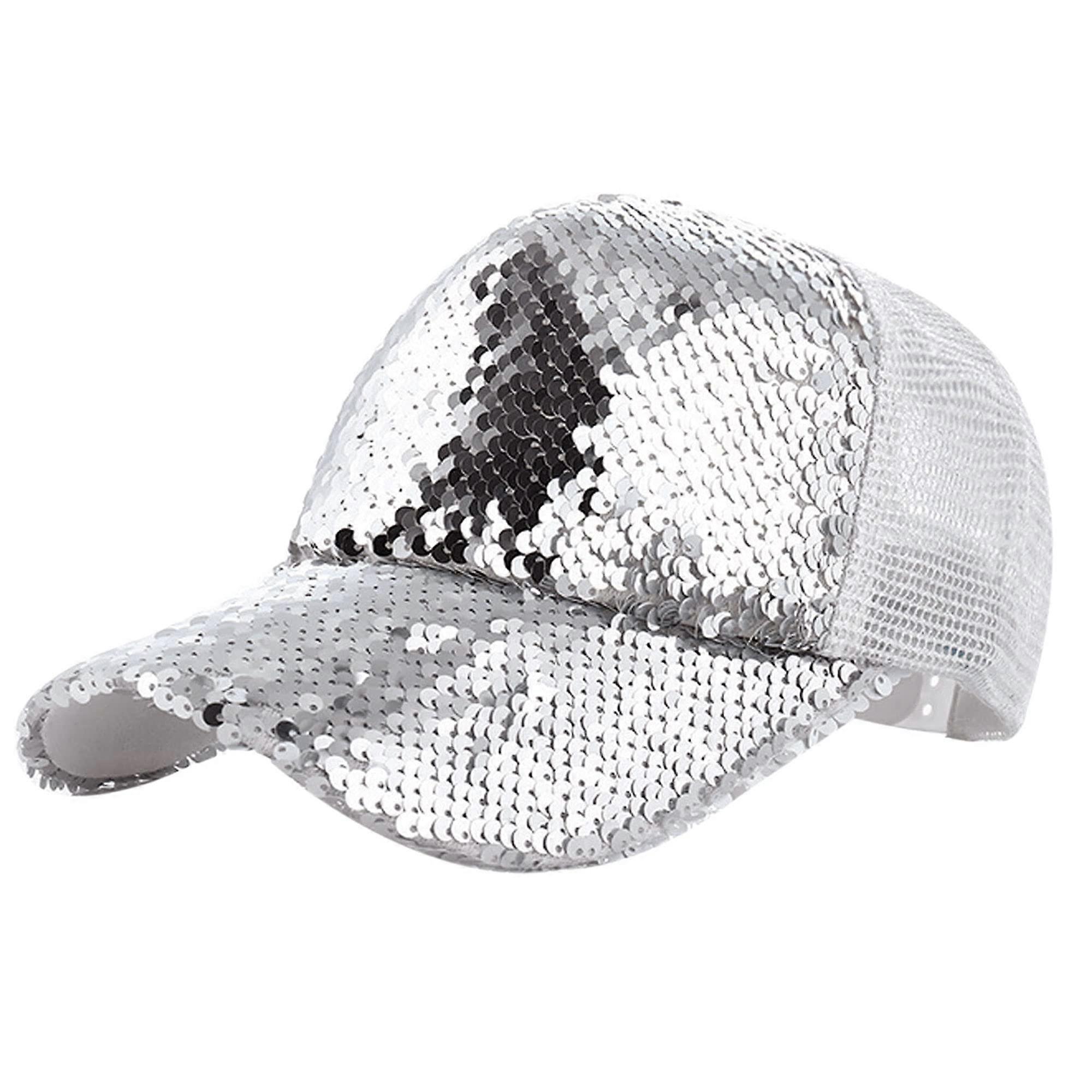 Glitter Sequin Baseball Cap Adjustable Mesh Hat for Women Medium-Large Silver Party Headwear