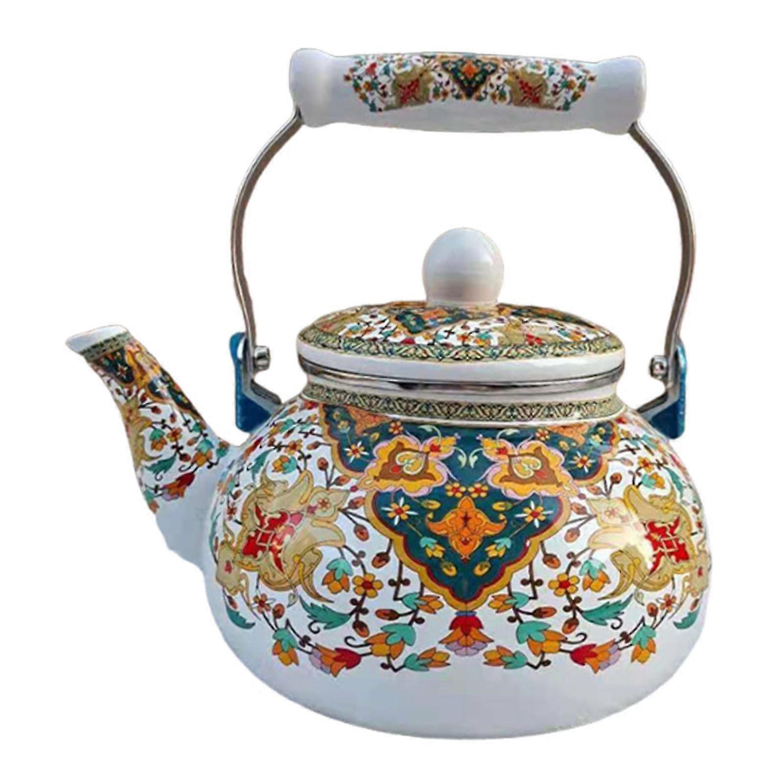 Floral Enamel Tea Kettle 2.5L with Comfortable Handle, Multi-Use Water Jug for Juice, Beer & Cold Beverages
