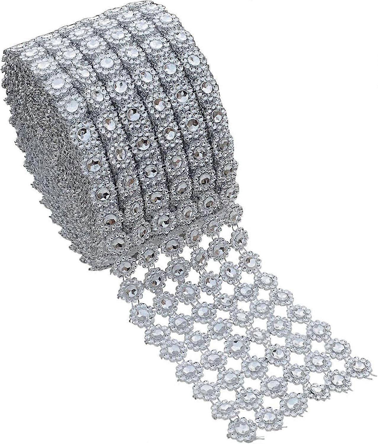 4" x 10 Yards (30 ft 6 Rows) Rose Gold Bling Rhinestone Diamond Flower Shape Mesh Wrap Roll