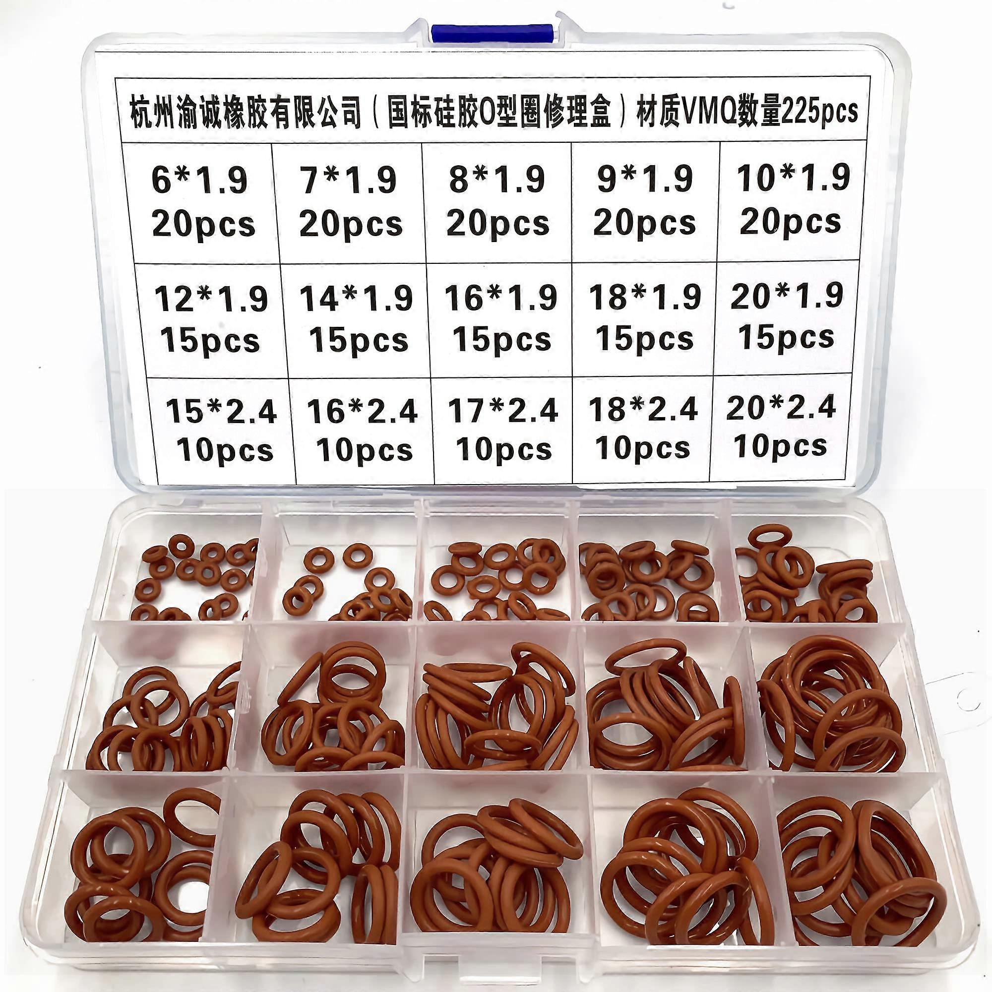 Silicone Rubber O-Ring Assortment Kit 225 Pieces in 15 Sizes Metric VMQ Red Sealing Gasket Set for Plumbing and Automotive