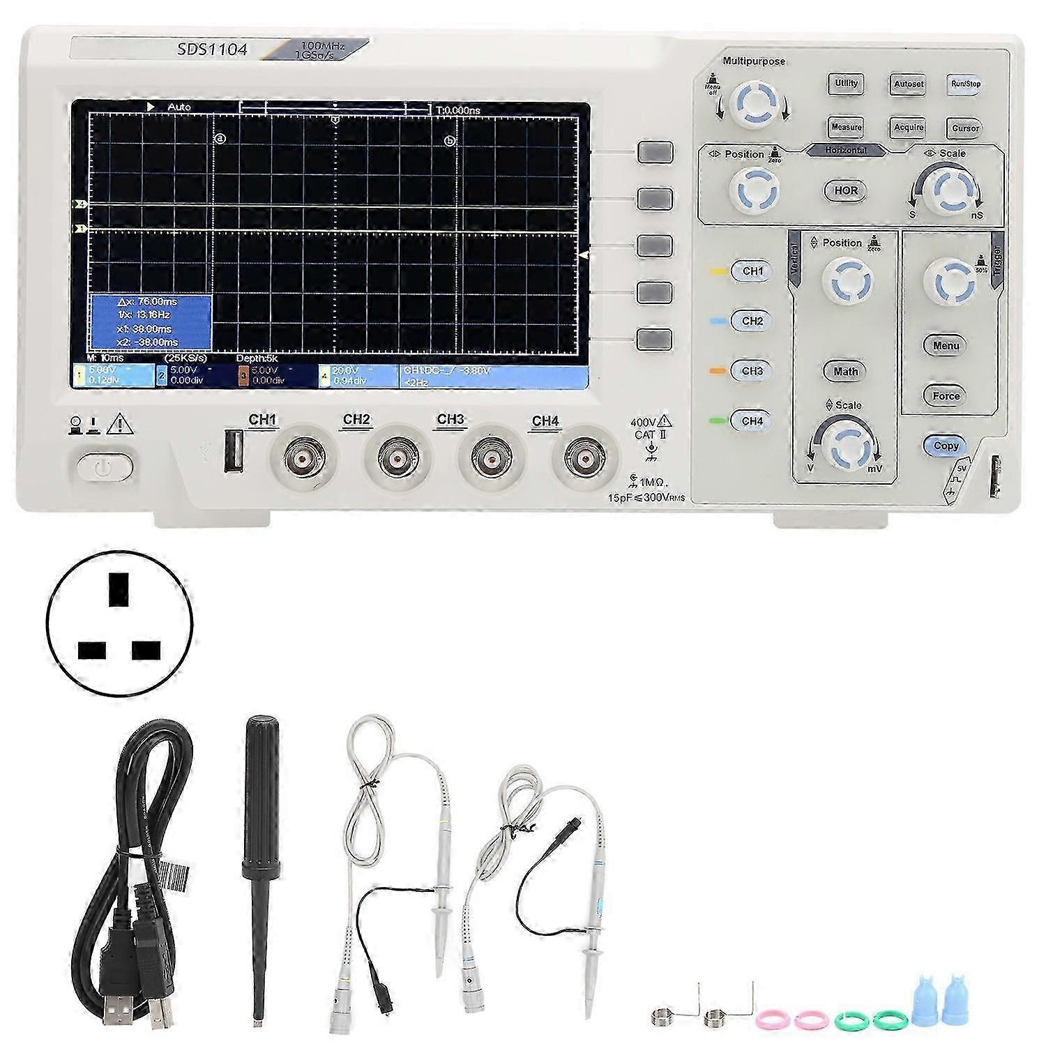 Sds1104 4-channel Oscilloscope With 7in Lcd Display 100mhz Bandwidth 1gs/s Sampling Rateuk 100?240v