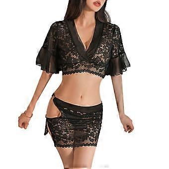 Womens Deep V Neck Crop Tops Bodycon Mini Skirt with Panty Sheer Lace Lingerie Set Sexy Nightwear Sleepwear Gifts  White One Size