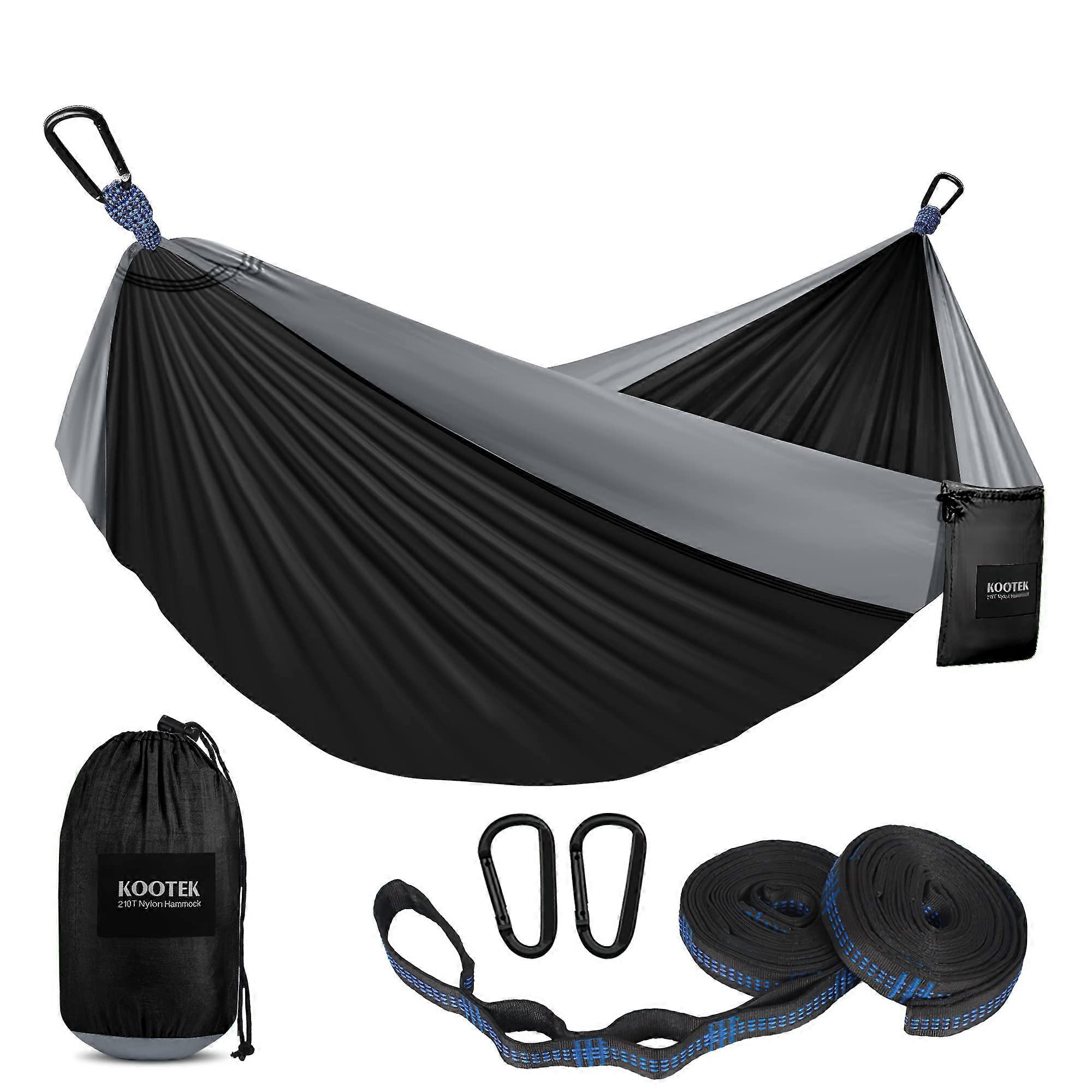 Camping Hammock Lightweight Nylon Parachute for Backpacking, Travel, Beach, Backyard - Double & Single with 2 Tree Straps (Black & Grey, Large)