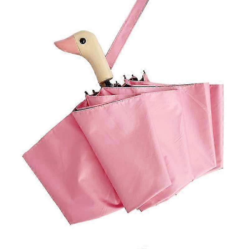 Adorable Duck Head Wooden Handle Folding Umbrella, 3-Fold Semi-Automatic Design for Sun and Rain Protection