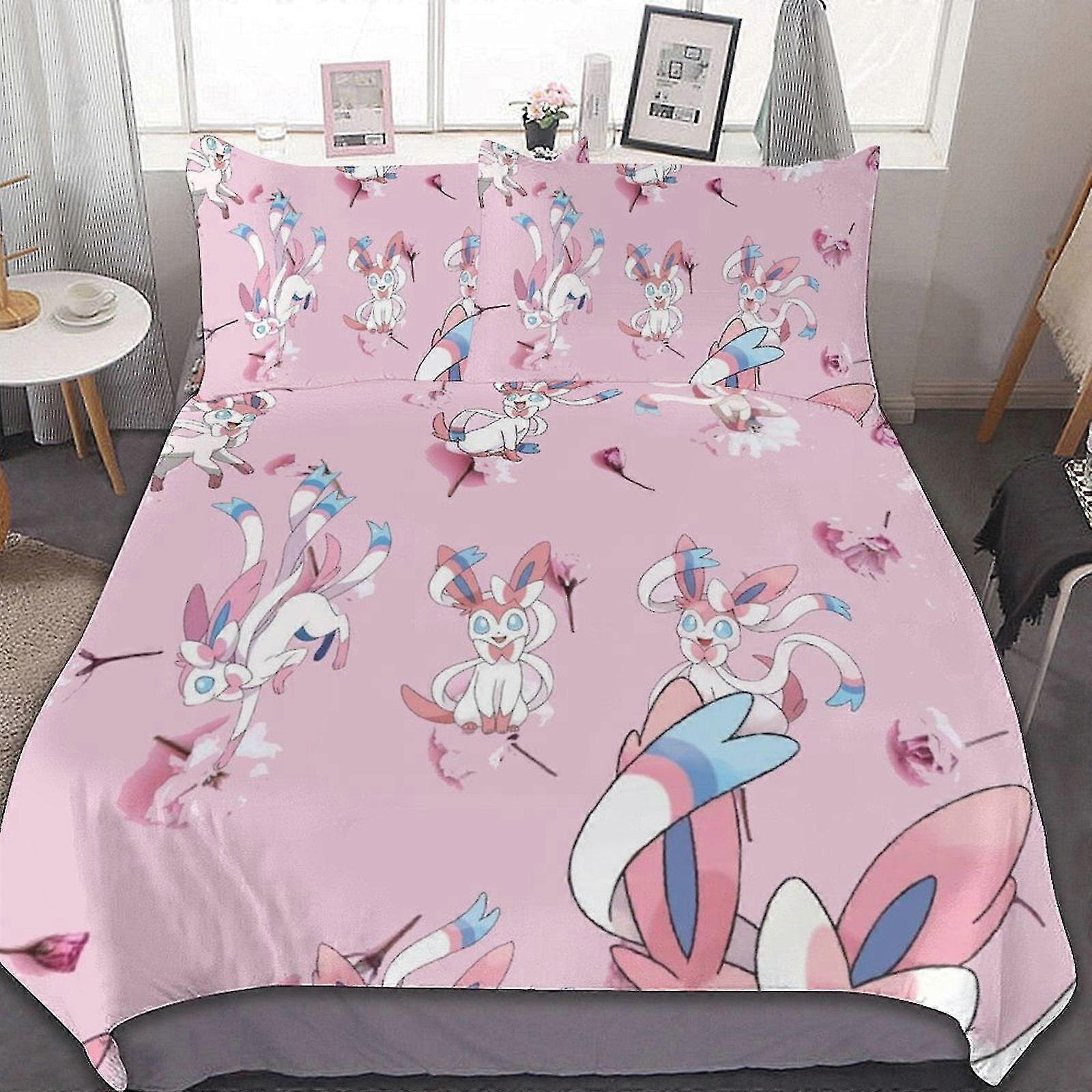 Evolves Sylveon 3 Pieces Bedding Sets Soft Comfortable Comforter for Bedroom Gifts with 1 Duvet Cover 2 Pillowcases