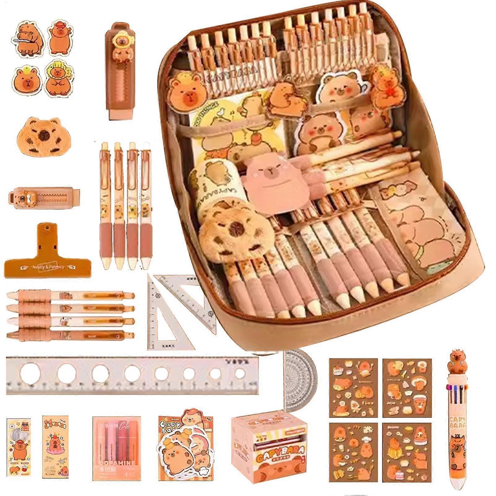 Capybara Themed Stationery Set 12-Layer Pencil Pouch Capybara Keyring Stickers And Sticky Notes Pencil Case For Kids