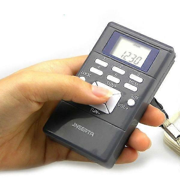 Portable mini radio with digital LED display, headphones and lanyard