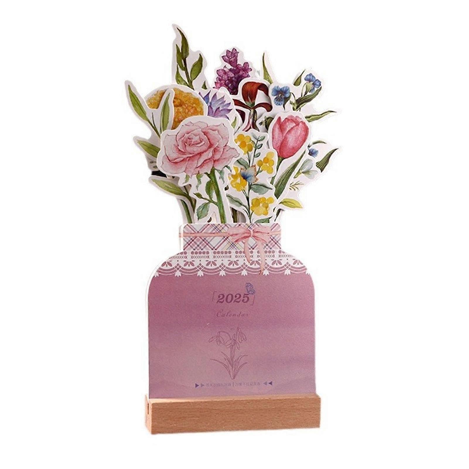 Flower Desk Calendar 2025 with Wooden Base, Monthly Planner for Classroom, Vase Design, Desktop Organizer for School