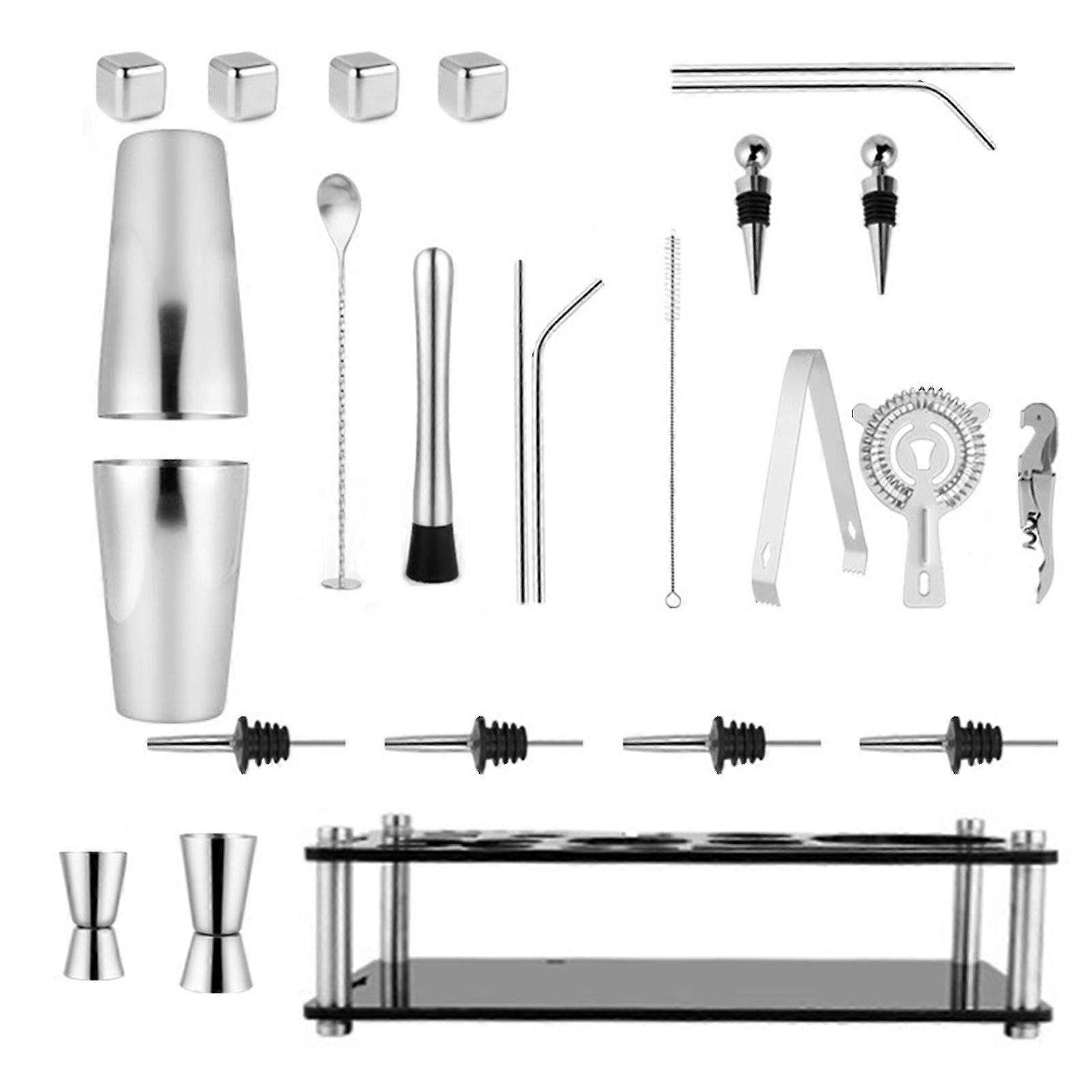 25PCS Professional Bartending Kits Bar Accessories Including Mixing Cup Strainer Jiggers And Cocktail Recipe Guide Multicolor
