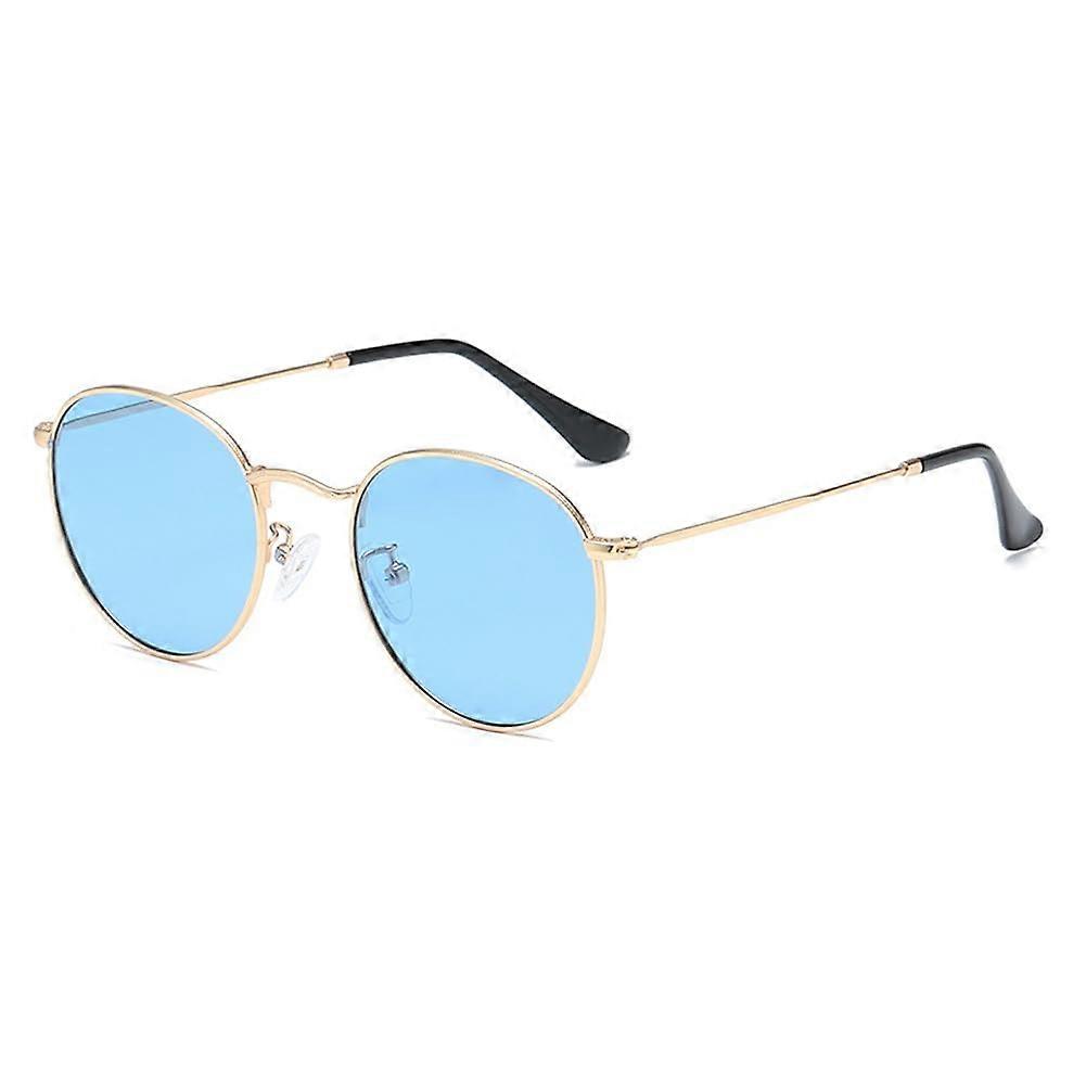 Small Round Polarised Sunglasses Unisex Vintage Round Sunglasses With Polarised Lenses Light Metal Frame Gold/Blue