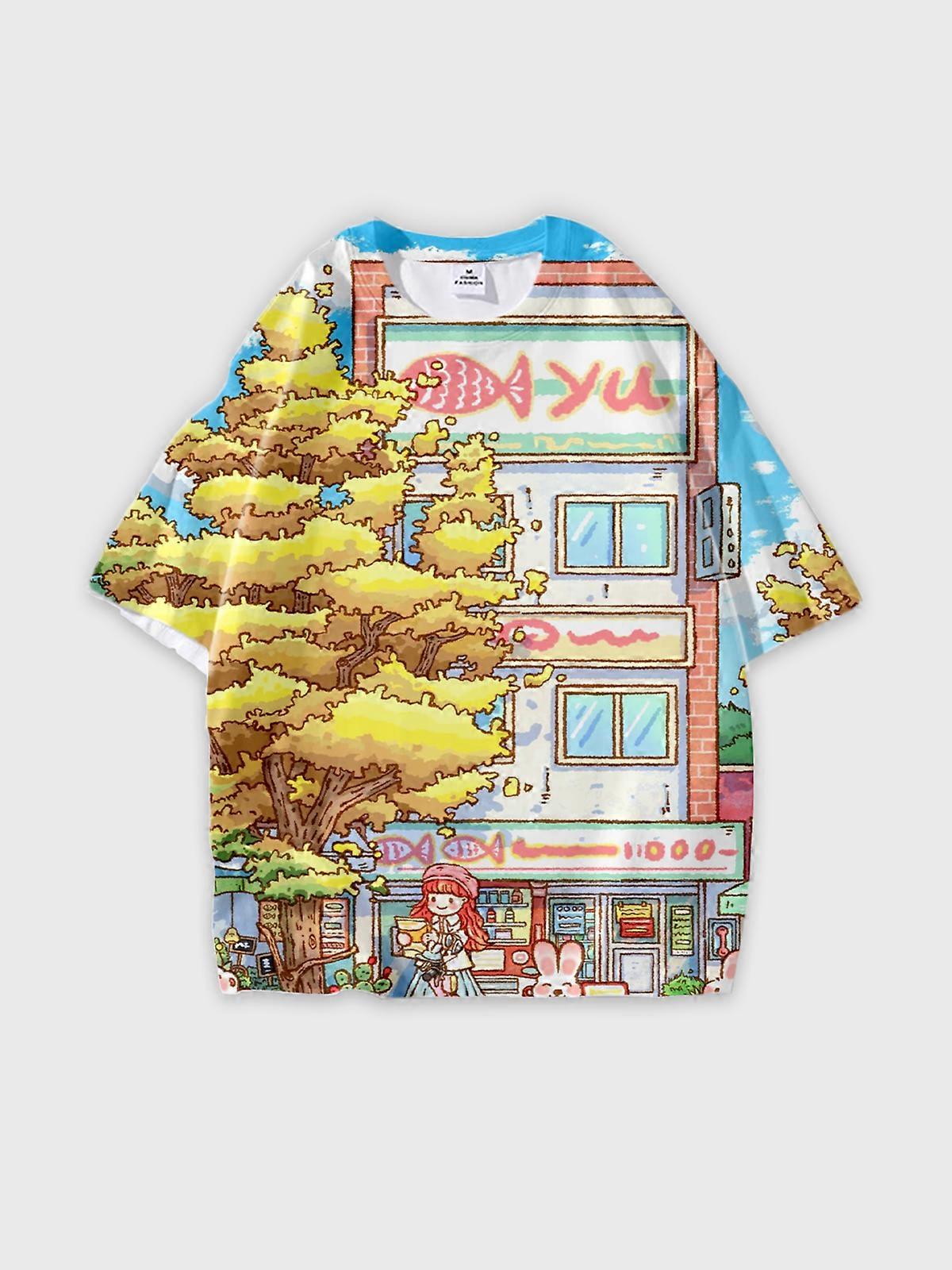 T-Shirt Round Neck, Loose Short Sleeve Pattern Graphic Tee, Unisex Summer Casual Top W2319