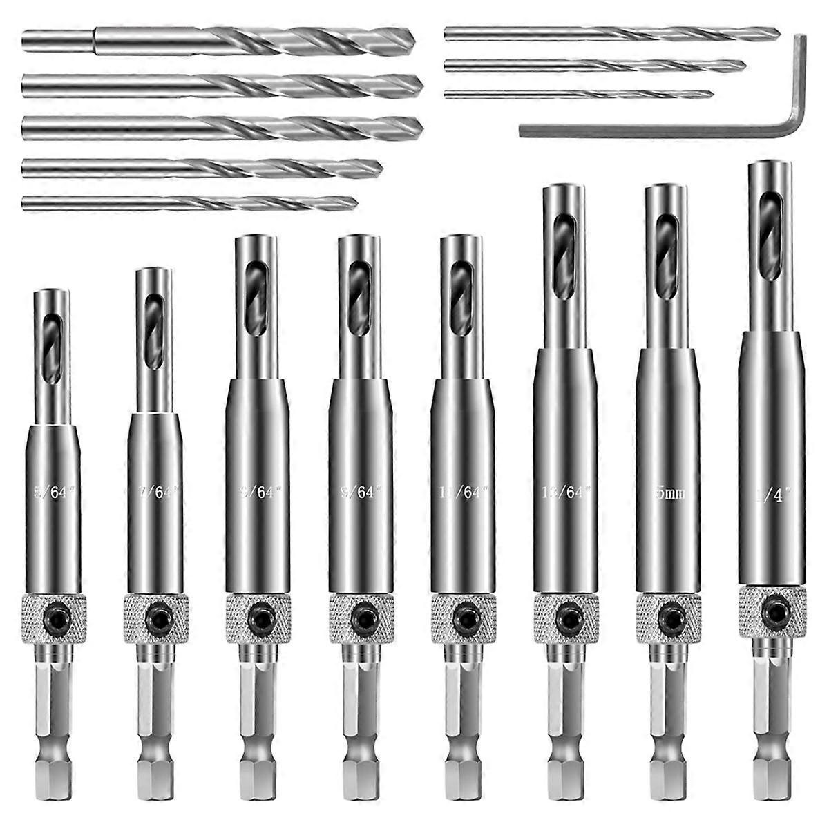 17PCS Self Centering Drill Bit Set for Hinges- 1/4" Hex Shank Bits Self Centering Drill Bit Set for Woodworking Door