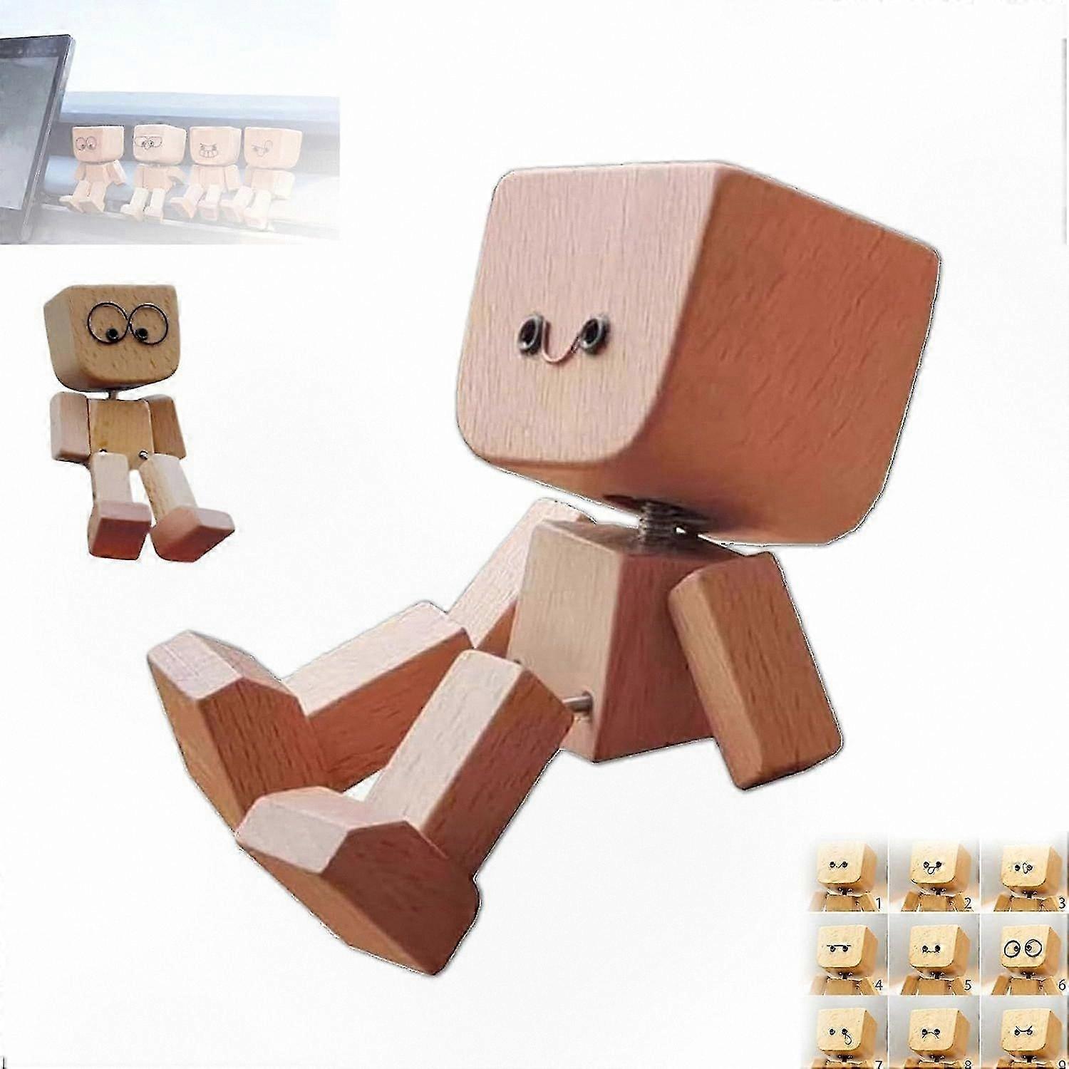 Charming Wooden Figurine with Magnetic Faces and Wobbling Base, Ideal Decorative Accessory for Car Dashboard or Office Desk