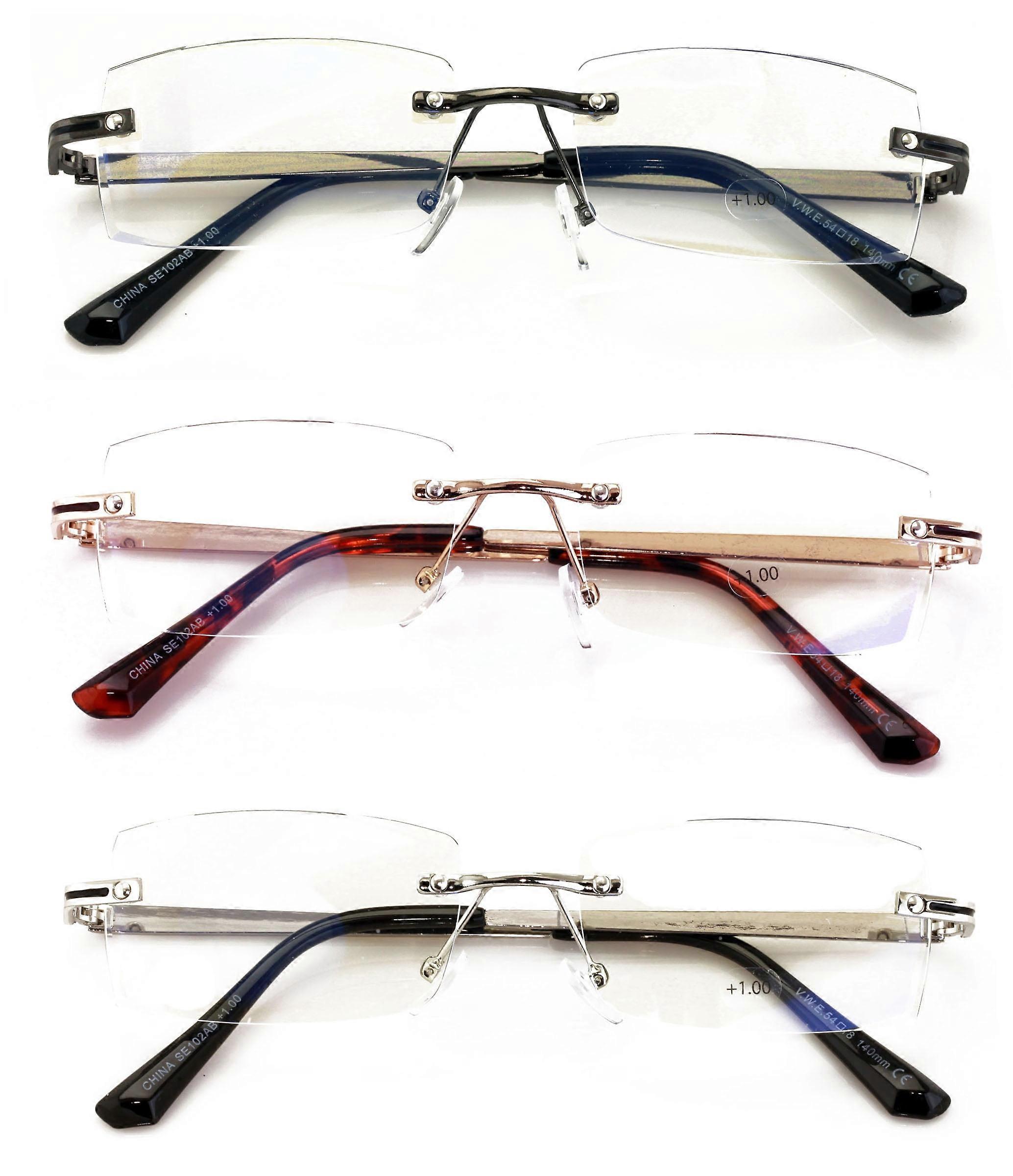 3 Pairs Men Full Rimless Reading Glasses Metal Frame- Rectangular Anti Blue Blocker UV Protection Reader with Daimond Cut Clear Lens 0.00
