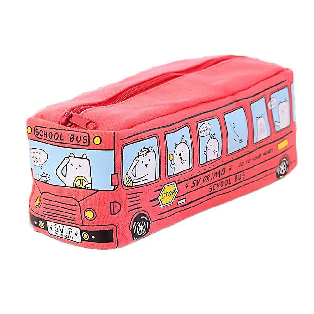 Adorable School Bus Shaped High Capacity Pencil Box In Red For Daily Use With Zipper 1Set
