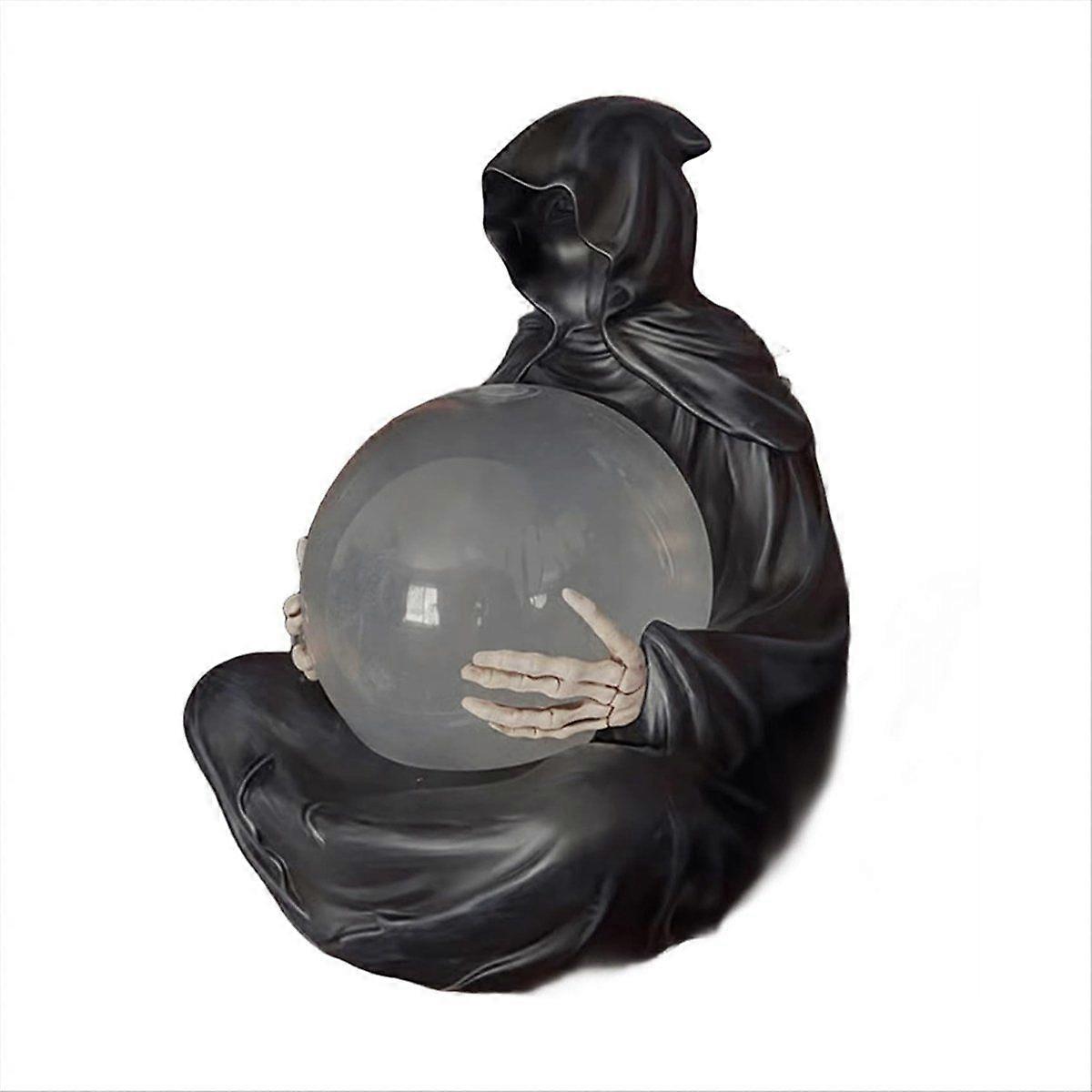 Grim Reaper Statue with Flying Bats Crystal Ball,LED Light Grim Reaper Water Globe Halloween Decor,