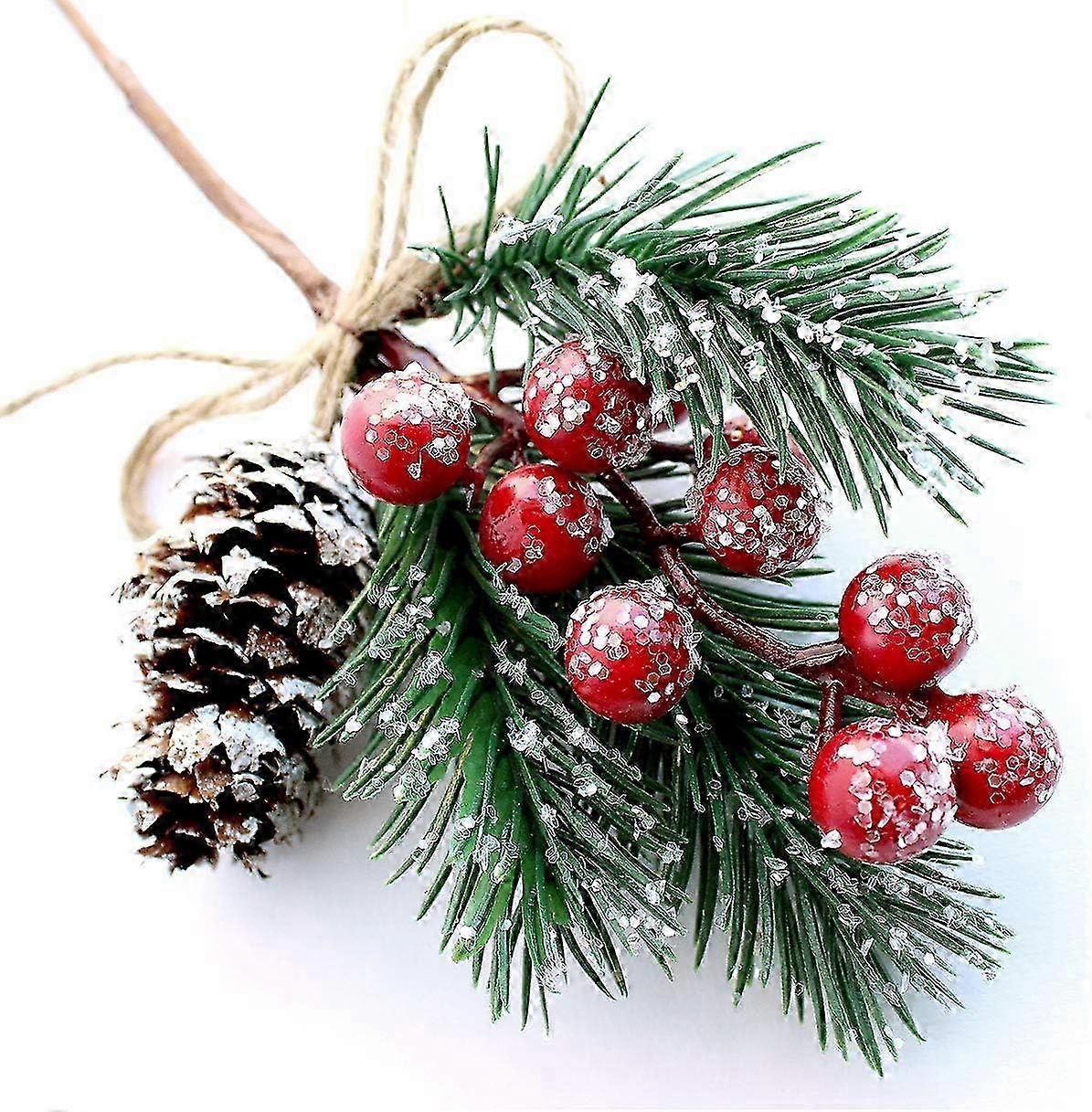 Pack of 8 small artificial pine branches with berries and pine cones