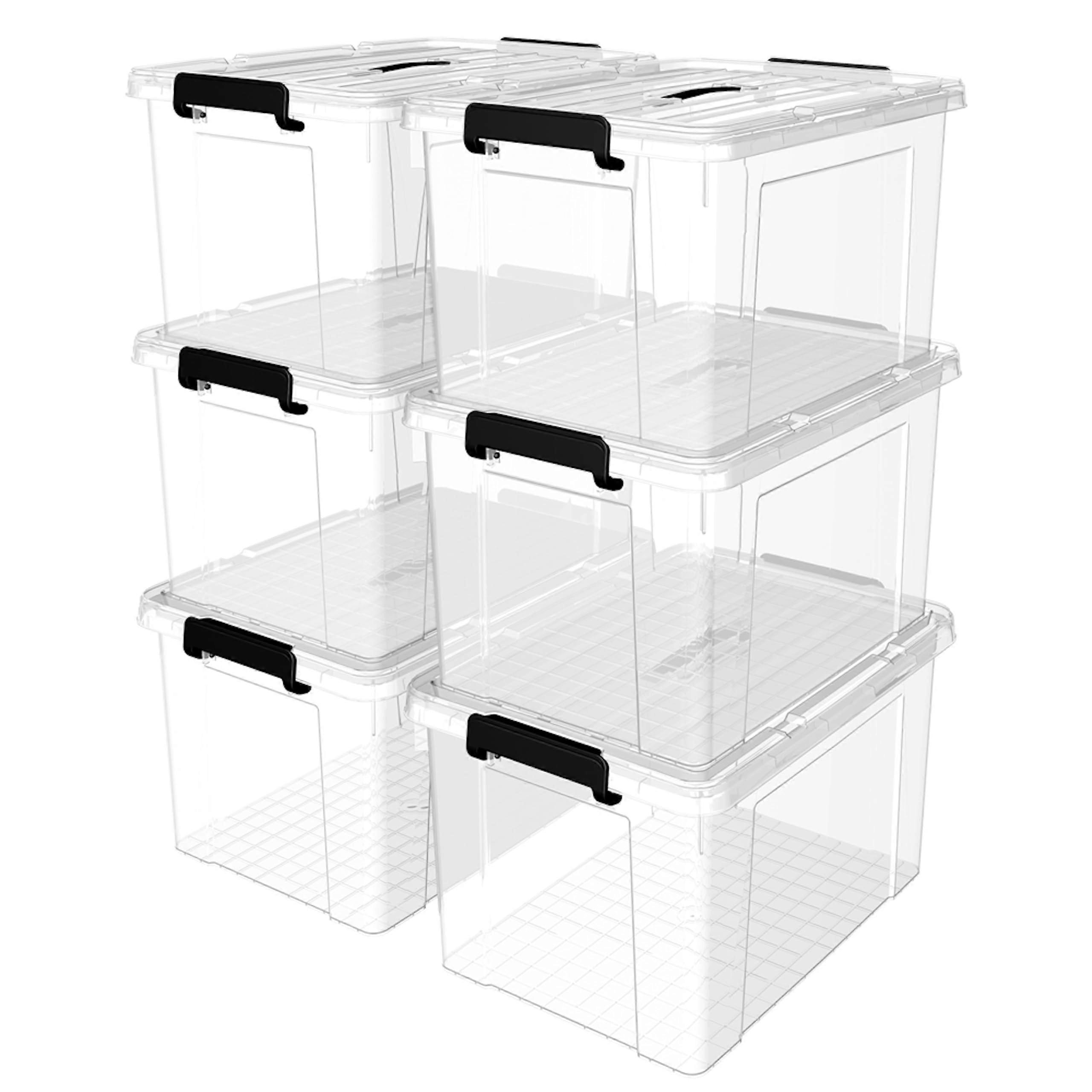 Plastic Storage Bin Box Organizing Container With Lid And Secure Latching Buckles, Clear, 95 Qt, Stackable, 6 Pack