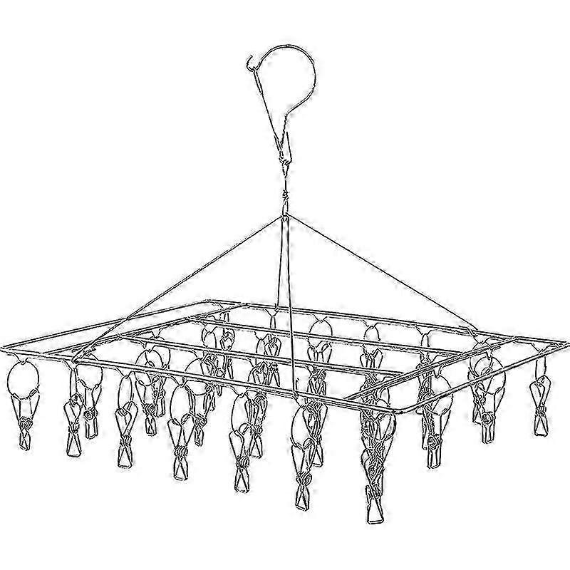 Stainless Steel Collapsible Laundry Drying Rack with 30 Clips, Durable and Windproof Foldable Rectangular Laundry Hanger for Socks with Stakes for Und
