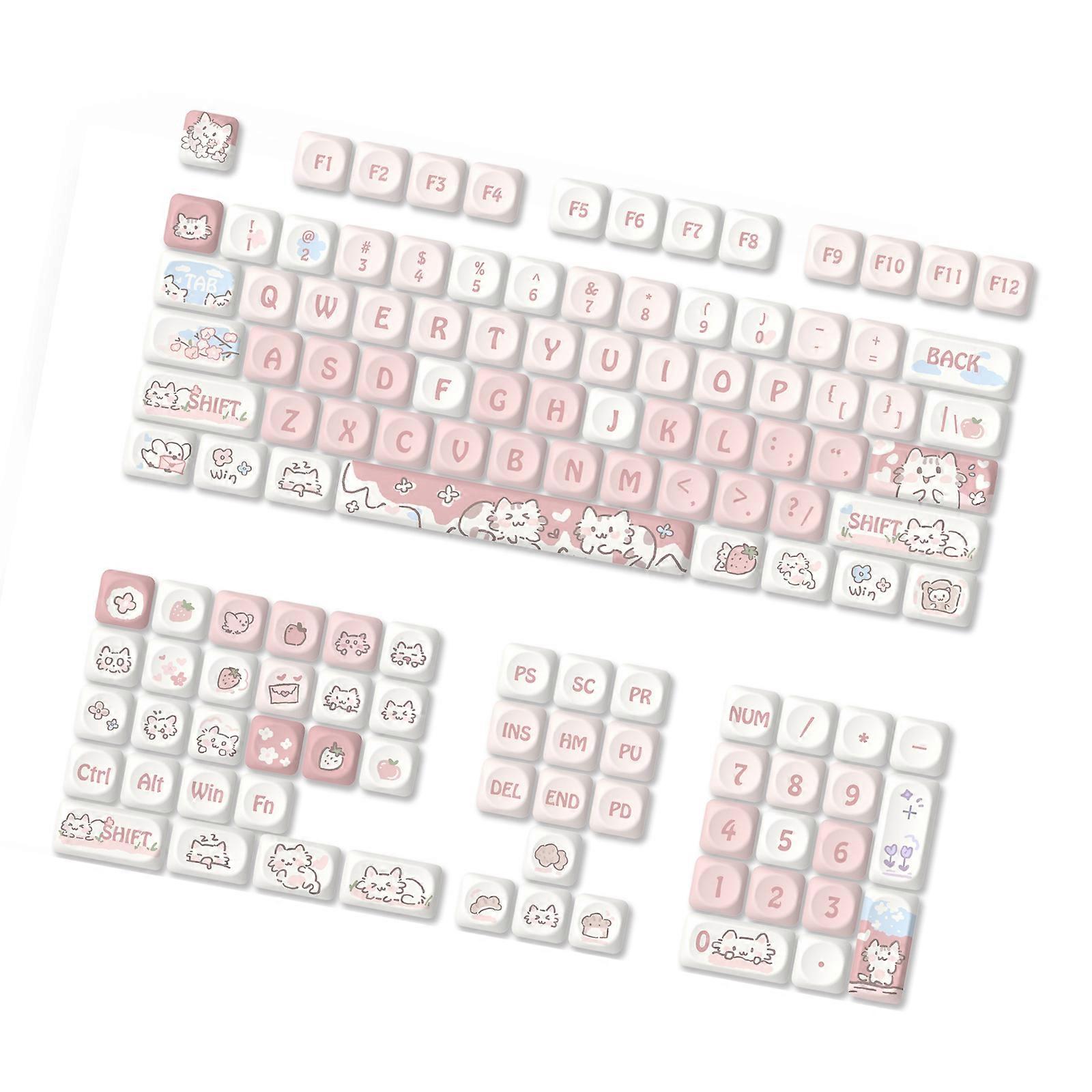 Full Set of 132 PBT Keycaps with Colorful Strawberry Kitten MOA Height for Customization Mechanical Keyboard Multicolor