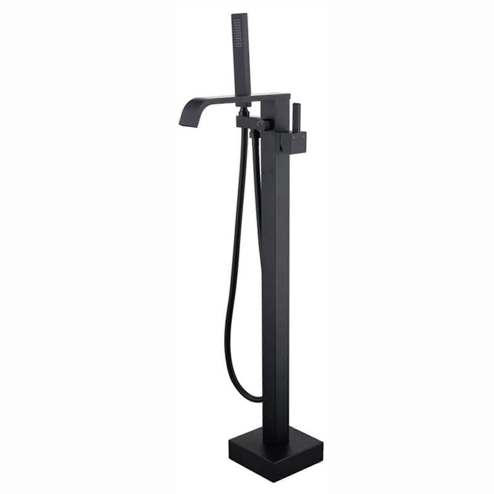 Freestanding Tub Filler with Hand Shower Black Floor Mount Faucet 360° Swivel Spout Easy Control
