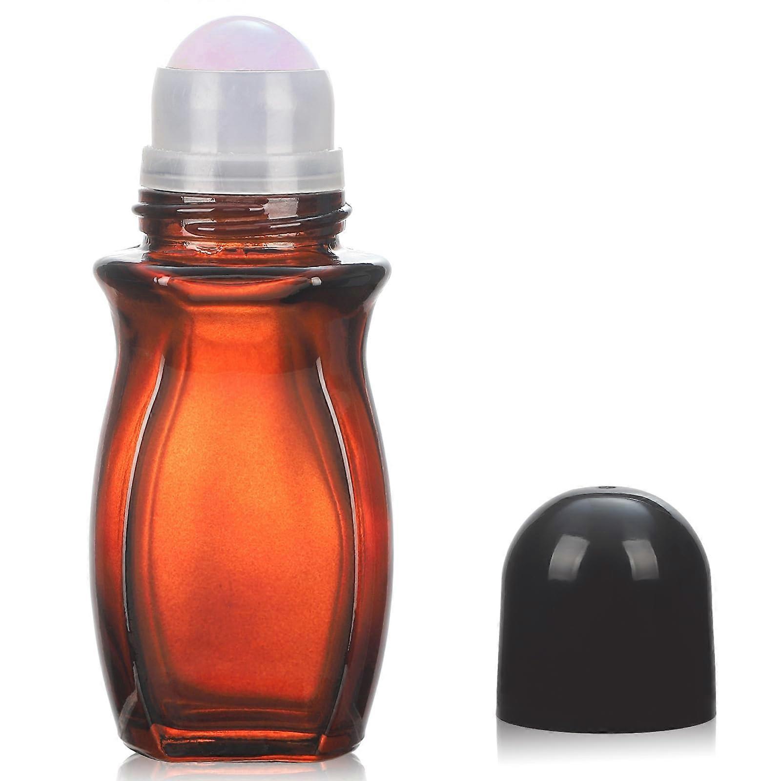 50ml Amber Glass Roller Bottles with Pink Quartz Rollerball for Essential Oils and Perfume