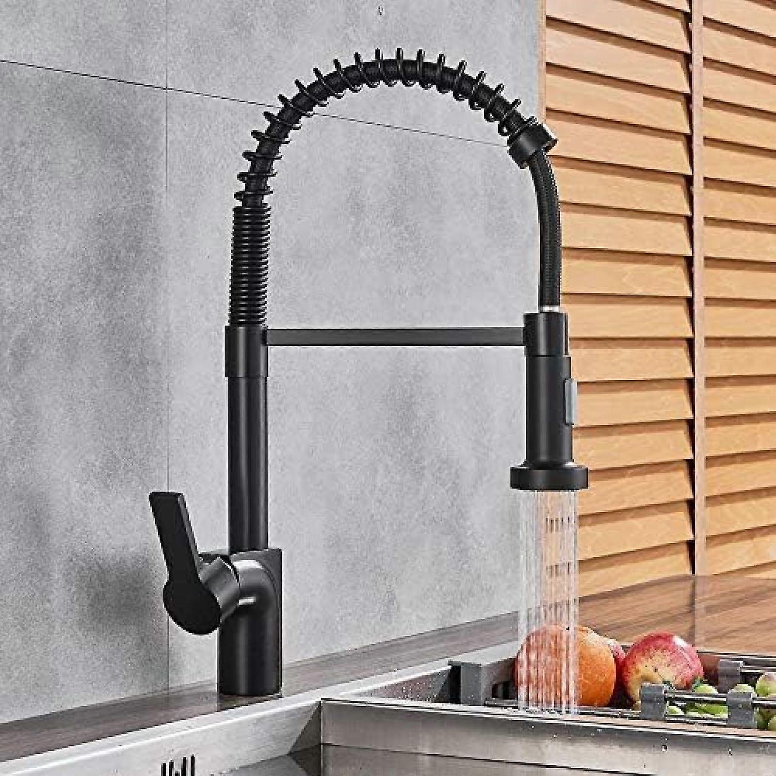 Black Kitchen Faucet with Pull Down Sprayer, Deck Mounted Solid Brass Mixer Tap, 2 Function Spout