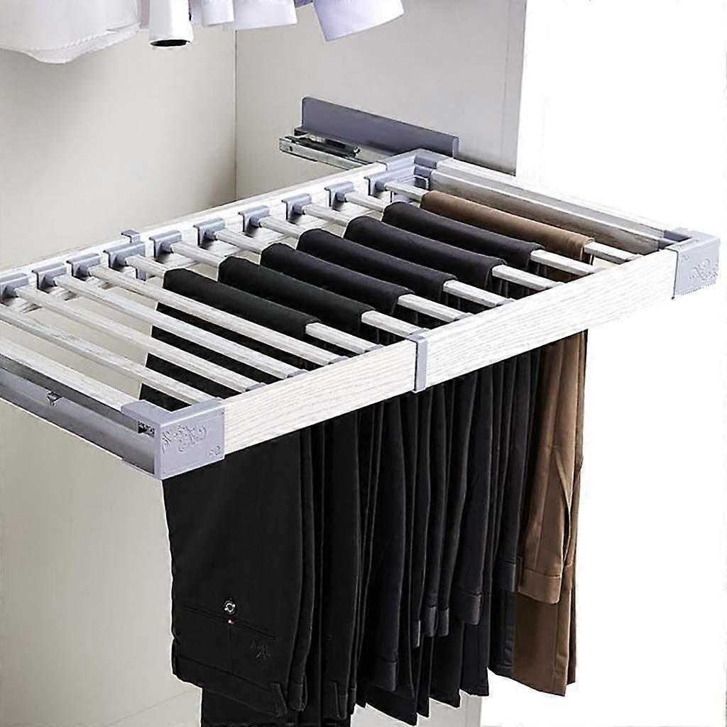 Pull Out Trousers Rack Double Row Damped Rails Adjustable Width Wardrobe Pants Organizer White Oak