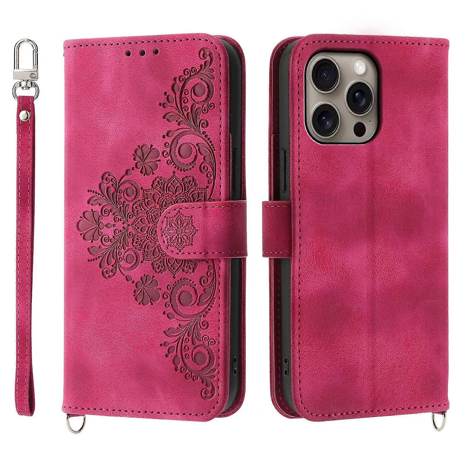 For iPhone 16 Pro Max Leather Case Multiple Card Slots Phone Cover with 2 Straps