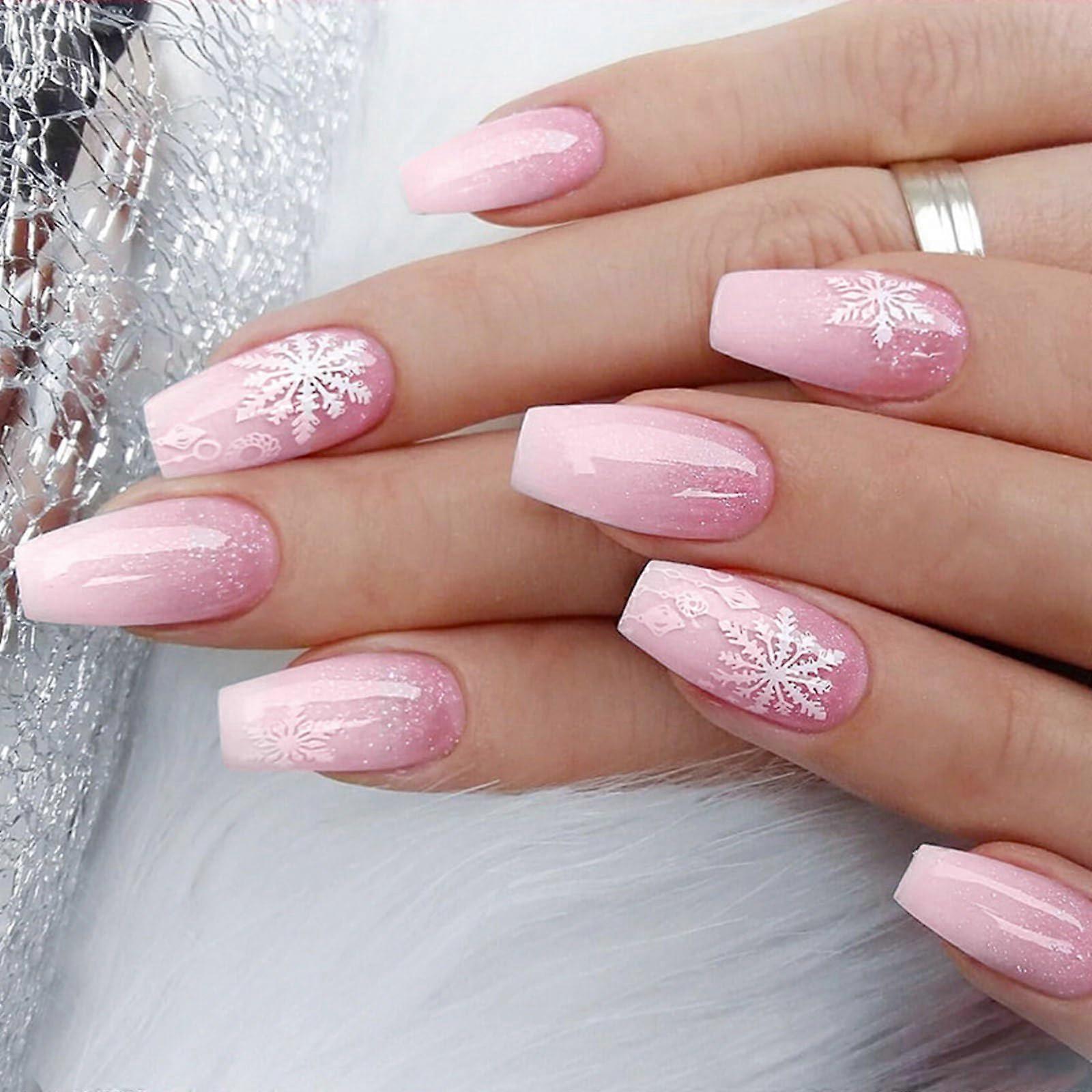 Christmas Press On Nails with Snowflake and Sequin Design, Long False Nails Set 24Pcs
