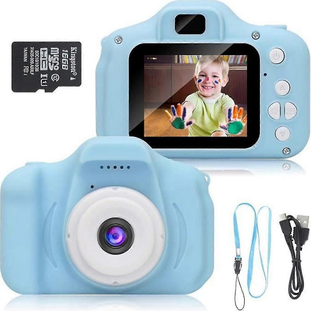 Câmera infantil de 25 a 26 polegadas, com cartão TF de 16 GB, tela HD de 2 polegadas, 8 MP/1080p, capa de silicone resistente a impactos, azul.